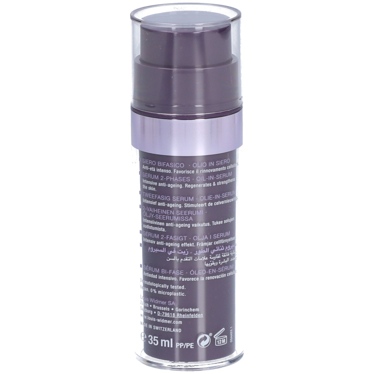 Achterkant van de fles. Meertalige tekst. Opschrift: Serum 2-fasen olie-in-serum, 35 ml.