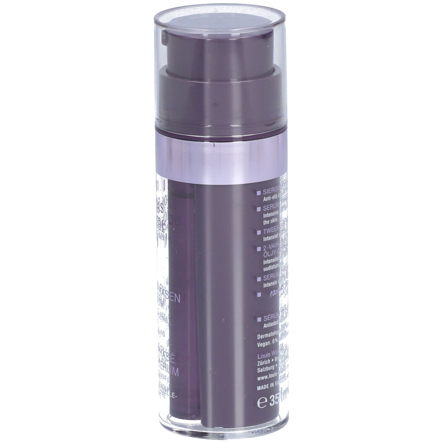 Donkerviolette fles met doseerpomp. Opschrift: Louis Widmer, Serum 2-fasen olie-in-serum, 35 ml.