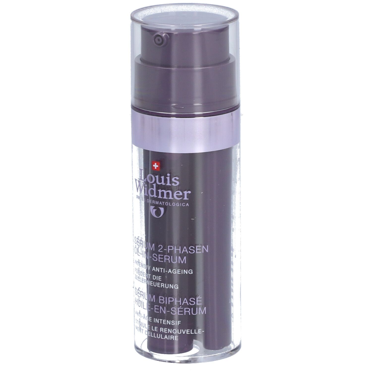 Donkerviolette fles met doseerpomp. Opschrift: Louis Widmer, Serum 2-fasen olie-in-serum, anti-ageing.