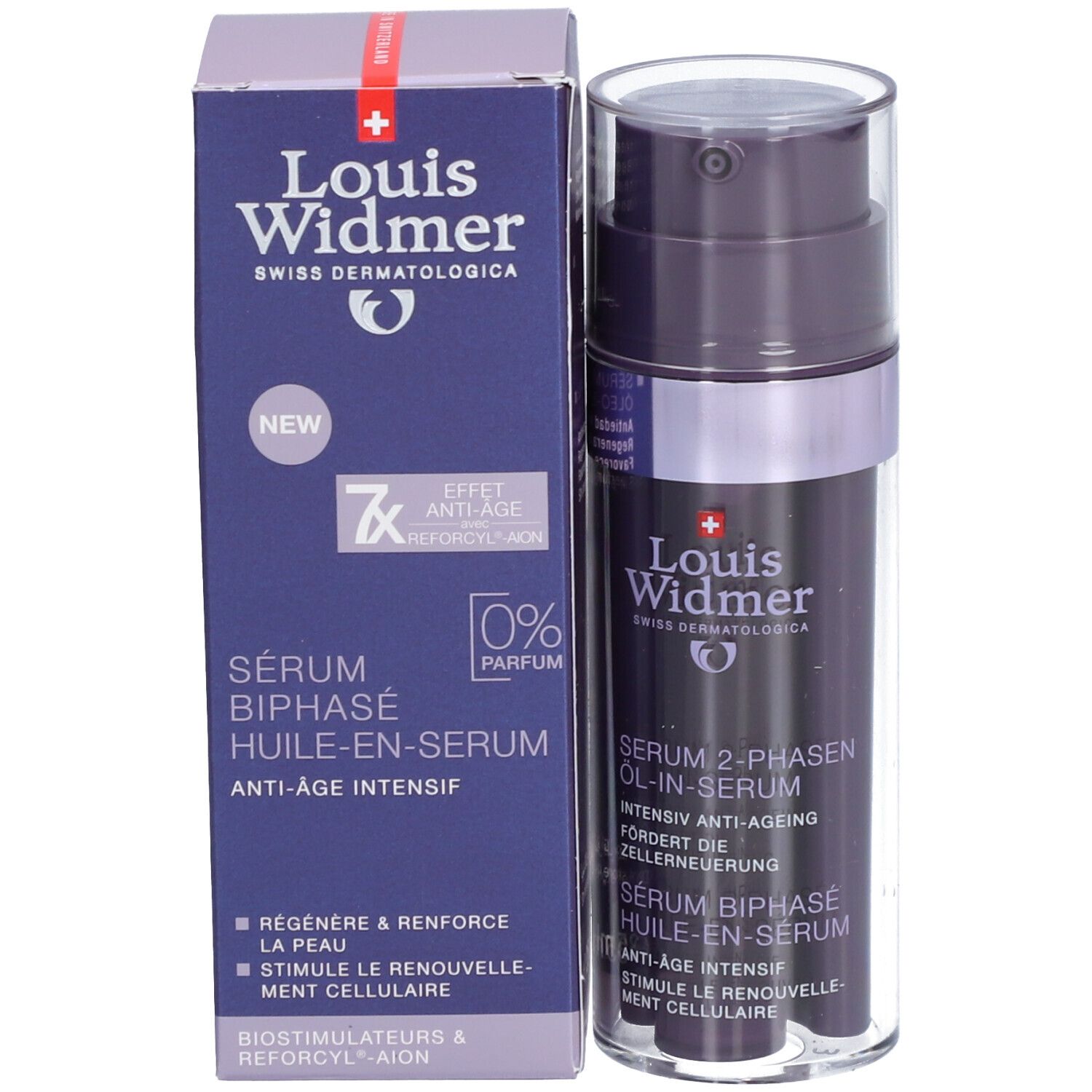 Productfles en doos. Opschrift: Louis Widmer, Sérum Biphasé Huile-en-Sérum, Anti-Âge Intensif, 0% Parfum.