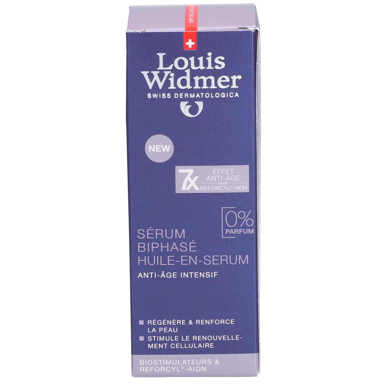 Productverpakking. Opschrift: Louis Widmer, Sérum Biphasé Huile-en-Sérum, Anti-Âge Intensif, 0% Parfum.