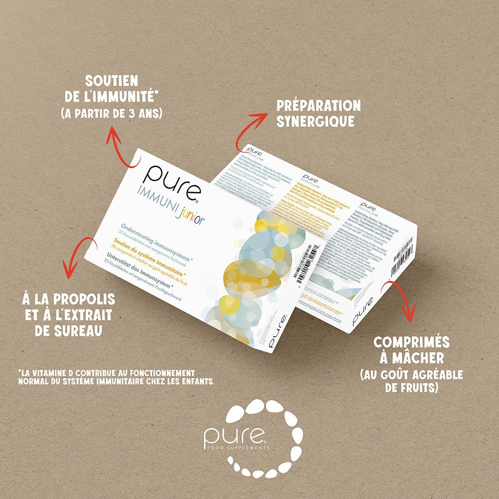 Boîte blanche « pure IMMUNI junior ». Texte en néerlandais, français et allemand. Graphique coloré.
