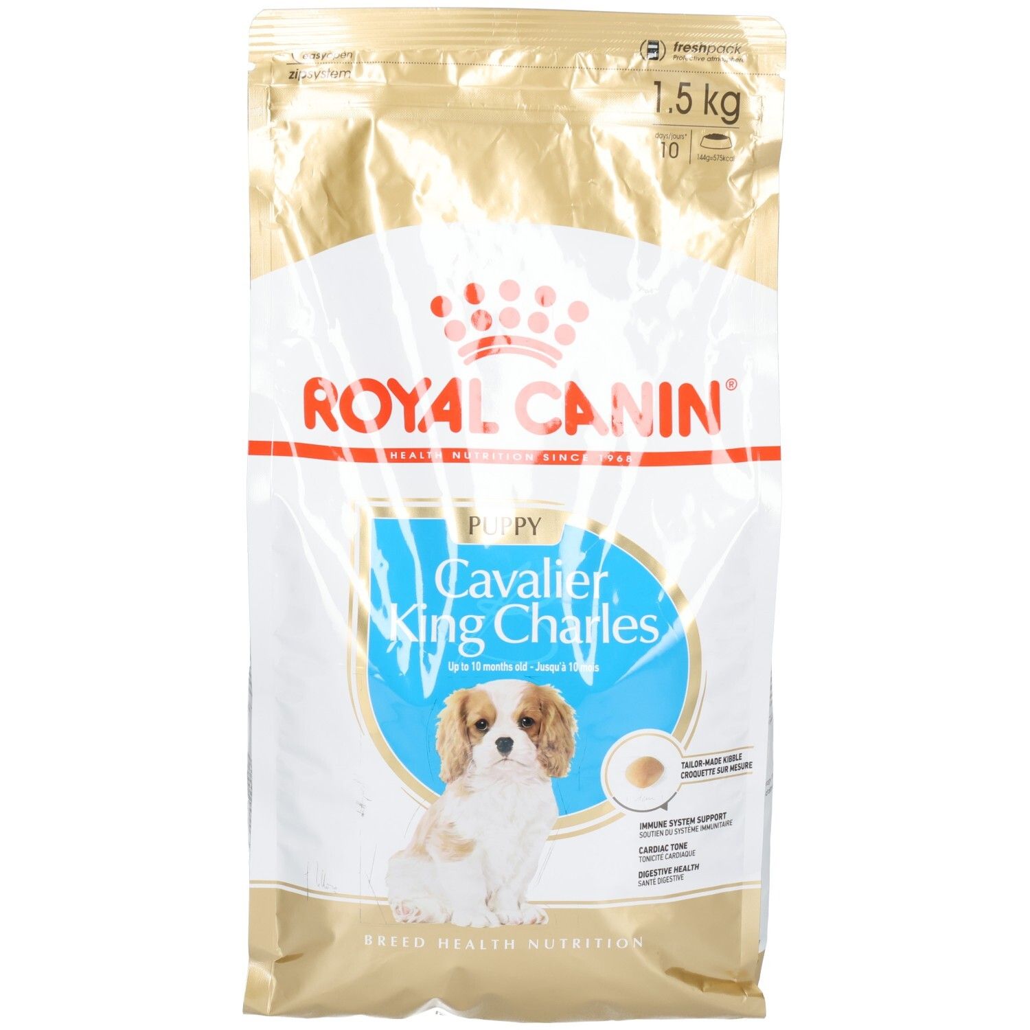 Royal Canin Cavalier King Charles Welpenfutter, 1,5 kg Beutel mit Hundebild und Produktinformationen.
