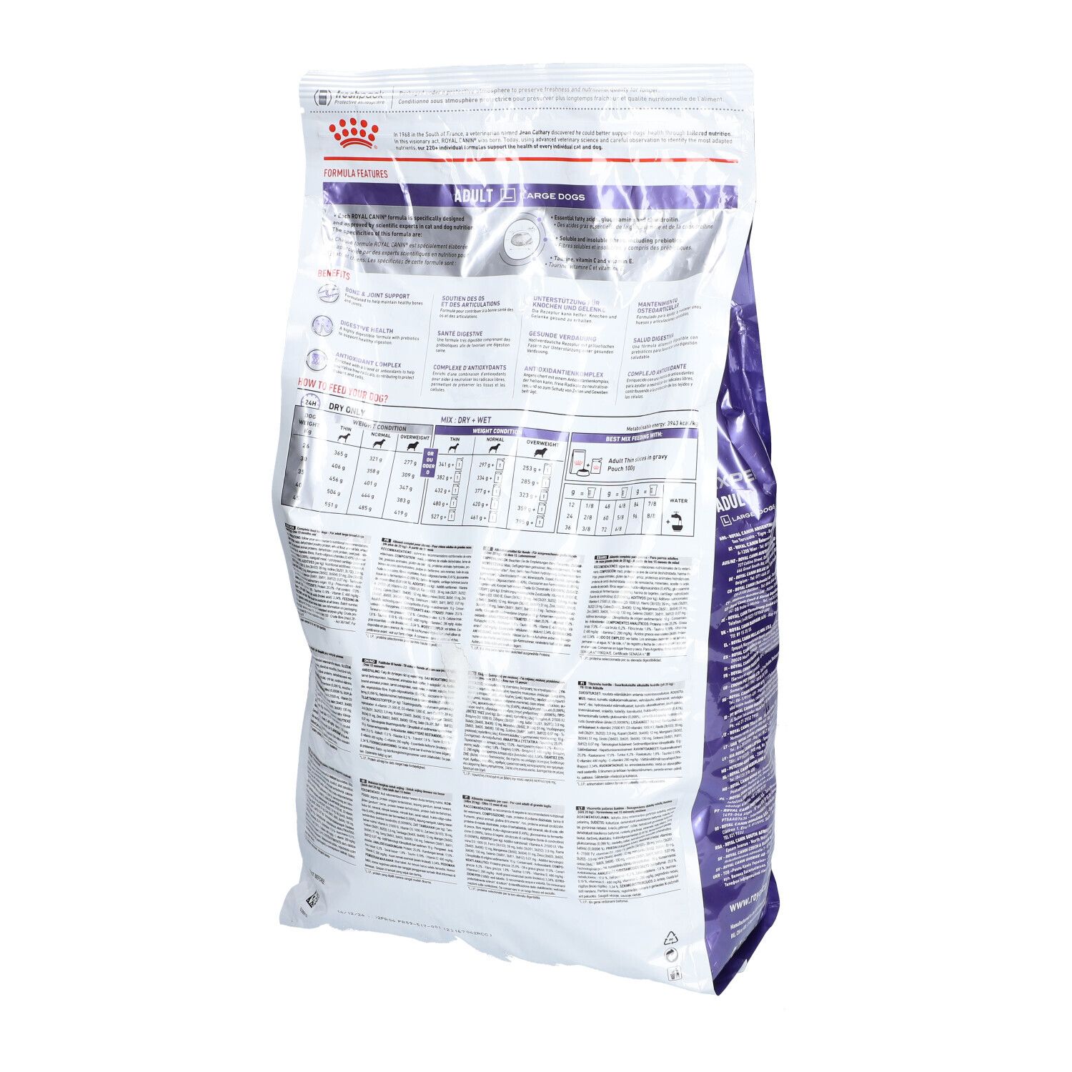 Rückseite des Royal Canin Expert Adult Large Dogs Beutels. Text, Tabellen, Logo.