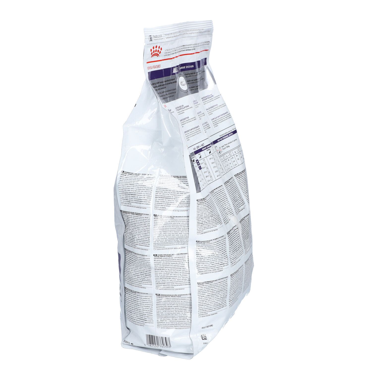 Royal Canin Expert Adult Large Dogs Beutel, Seitenansicht. Text, Tabellen.