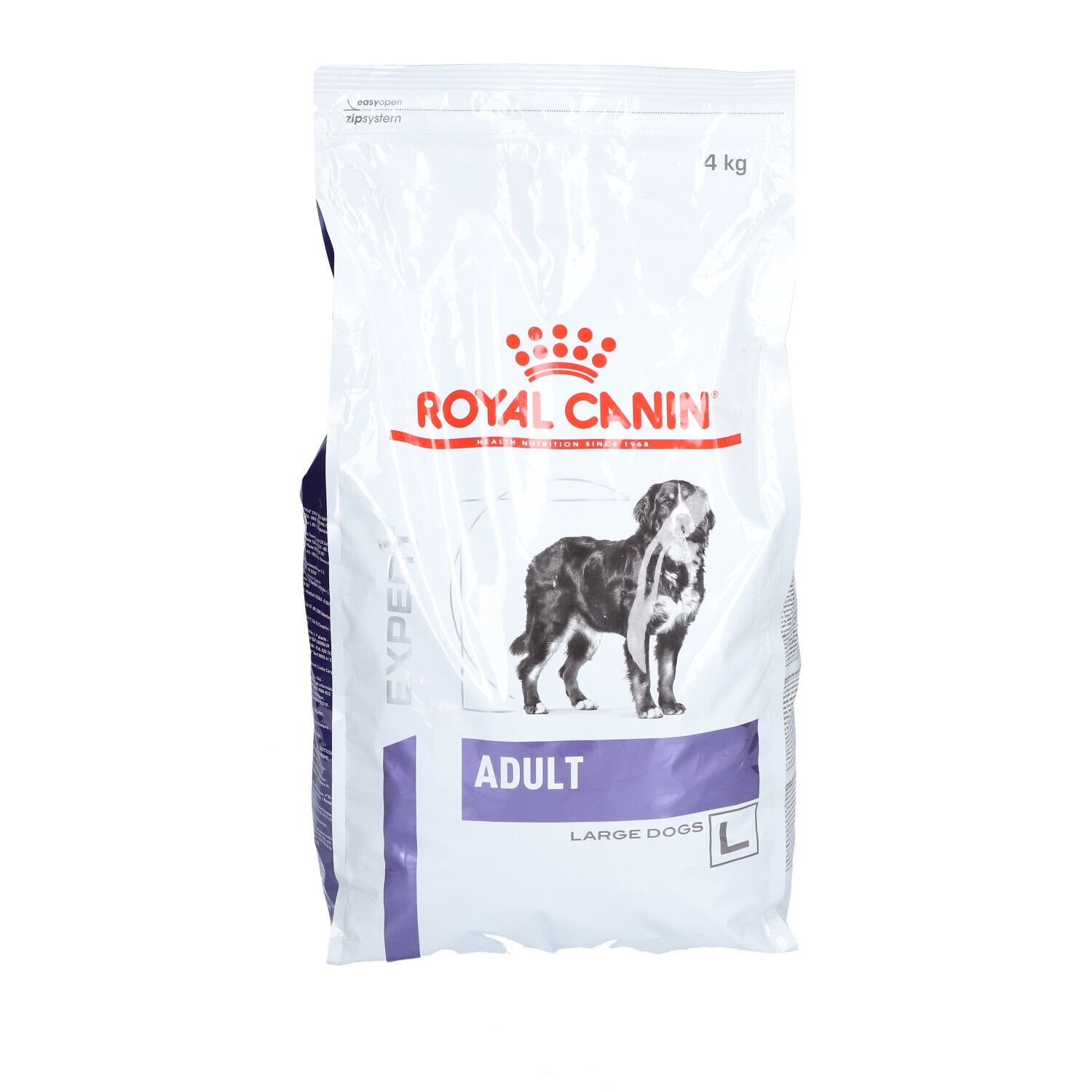 Royal Canin Expert Adult Large Dogs Beutel. Logo, Hund, Text. 4 kg.