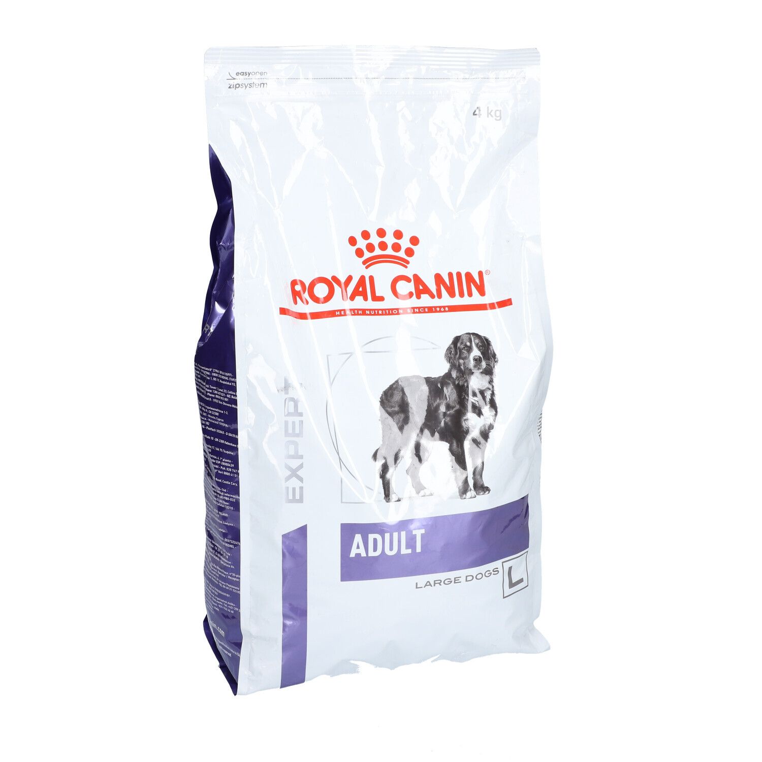 Royal Canin Expert Adult Large Dogs Beutel. Logo, Hund, Text. 4 kg.