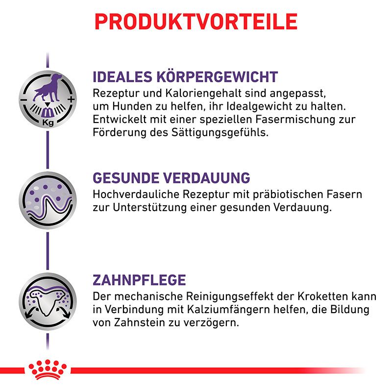 Produktvorteile: Ideales Körpergewicht, gesunde Verdauung, Zahnpflege für Hunde.