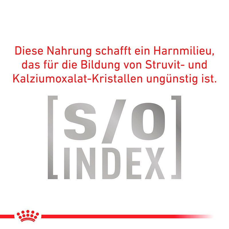 Text: Diese Nahrung schafft ein Harnmilieu, das für die Bildung von Struvit- und Kalziumoxalat-Kristallen ungünstig ist. S/O INDEX.