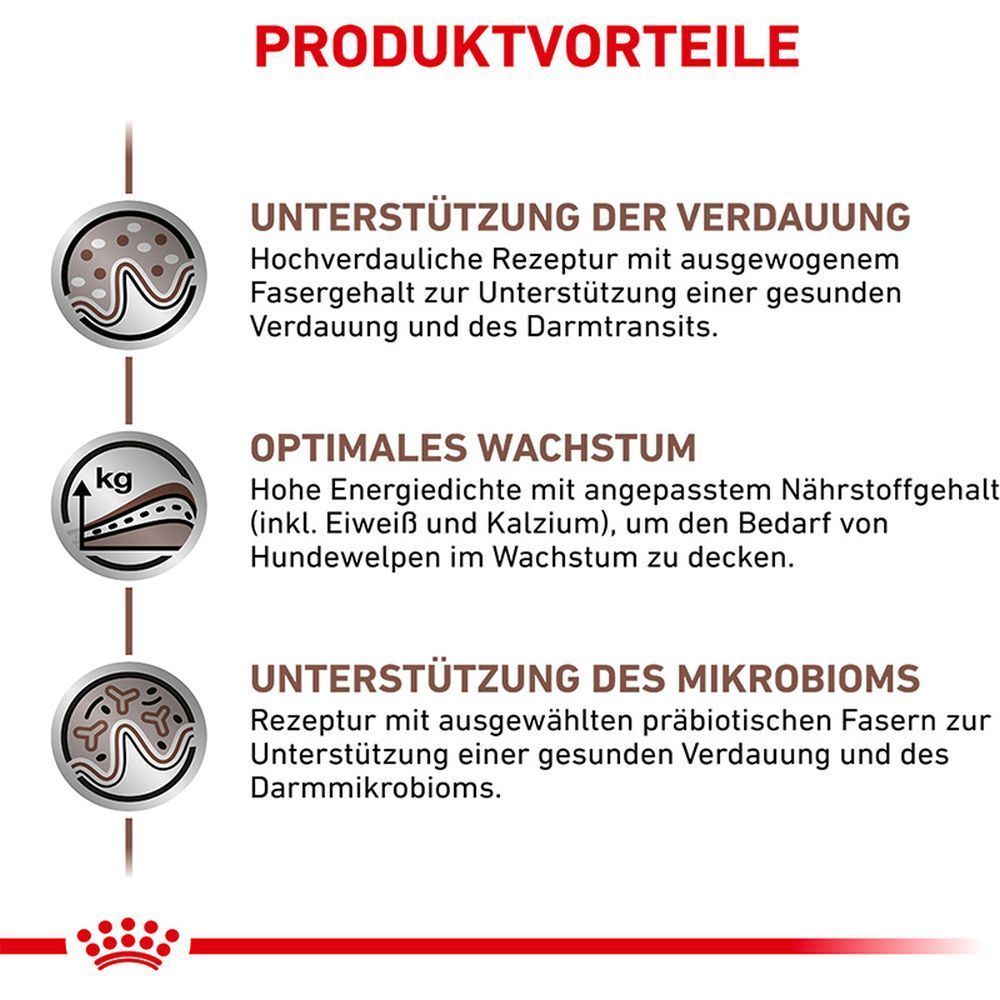 Produktvorteile von Royal Canin: Unterstützung der Verdauung, optimales Wachstum, Unterstützung des Mikrobioms. Für Hunde.