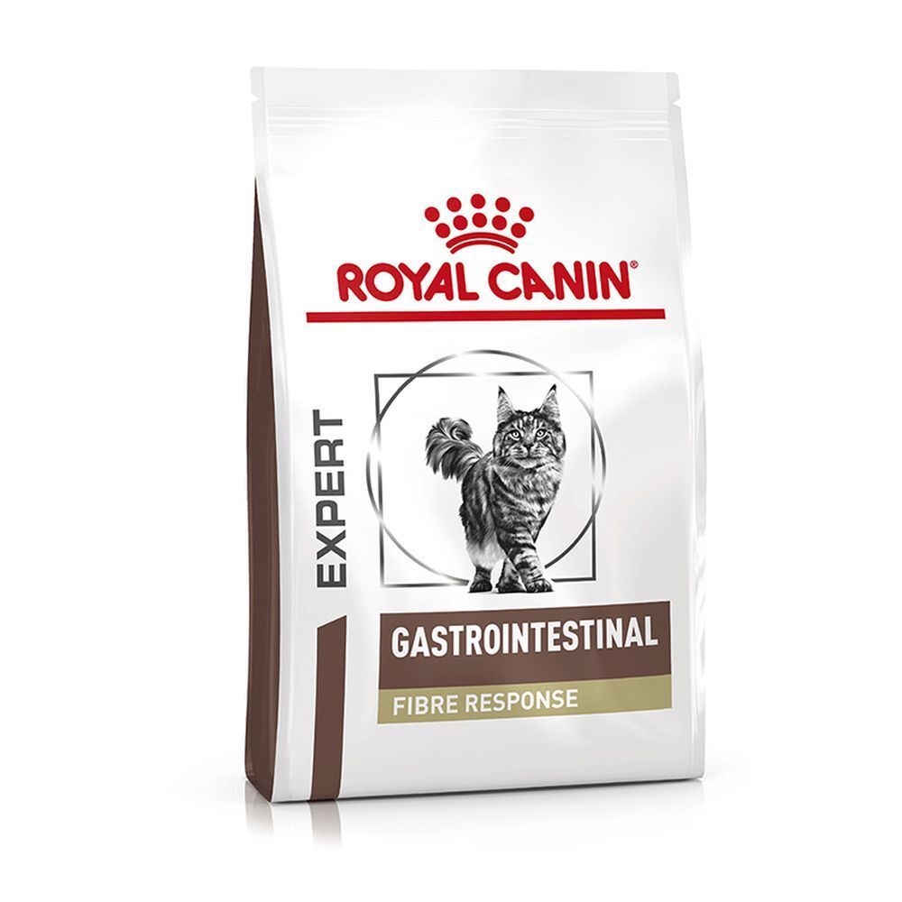 Packung ROYAL CANIN Gastrointestinal Fibre Response Katzenfutter mit Katze.