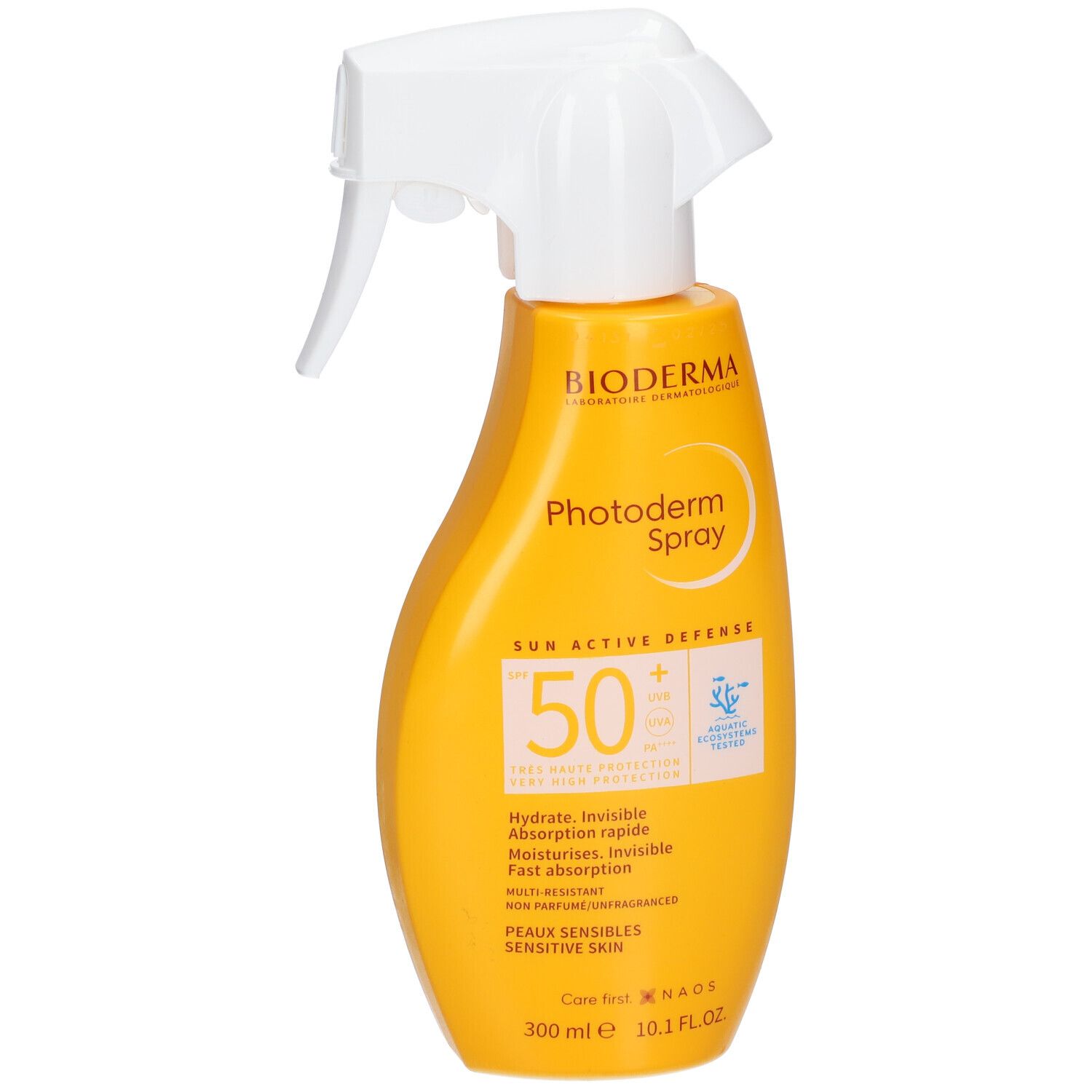 Flacon spray jaune avec tête blanche. Inscription: Bioderma Photoderm Spray SPF50+. Contient 300 ml.
