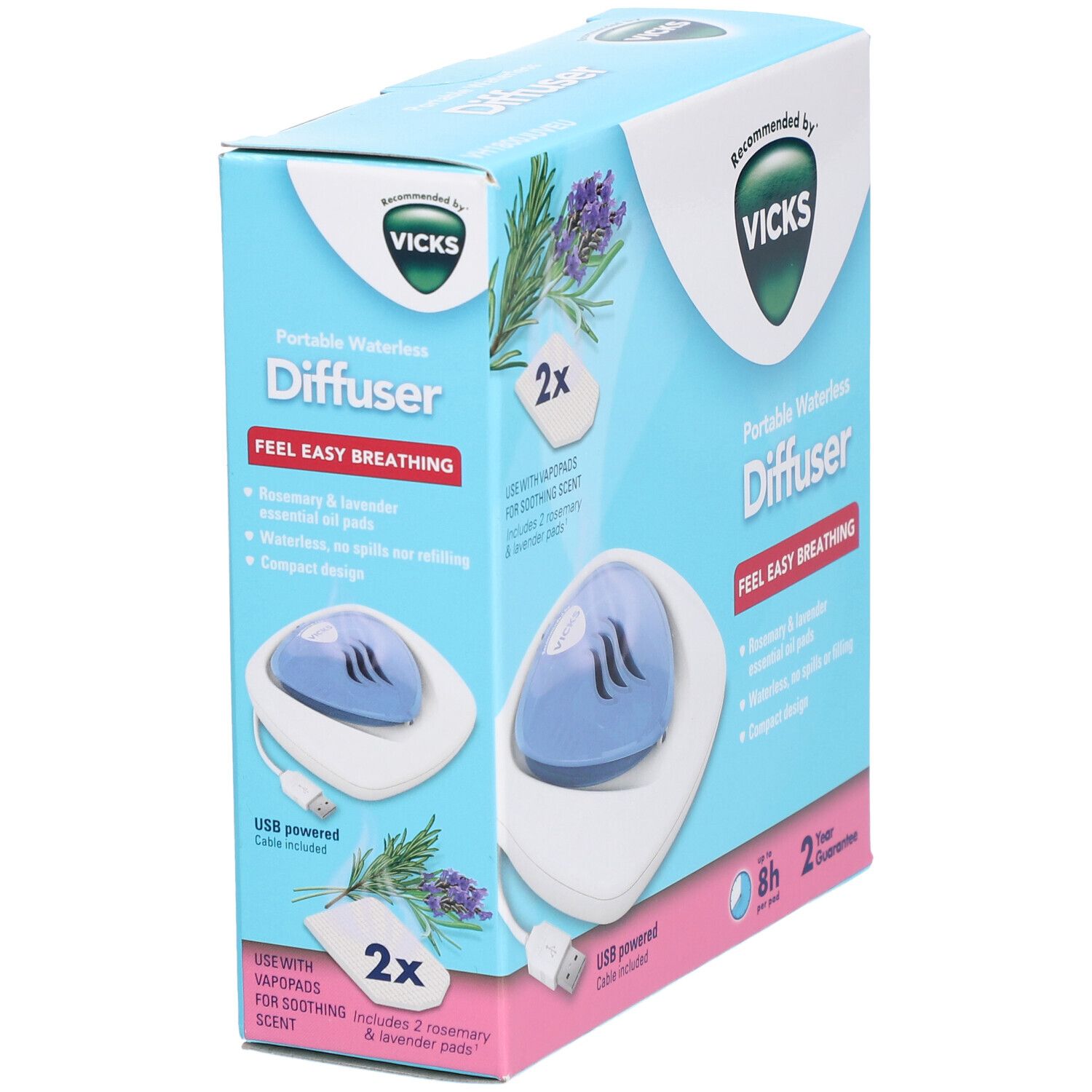 Verpackung des tragbaren wasserlosen Diffusors. Zeigt den Diffusor, USB-Kabel und 2 Menthol-Pads. Marke: Vicks.