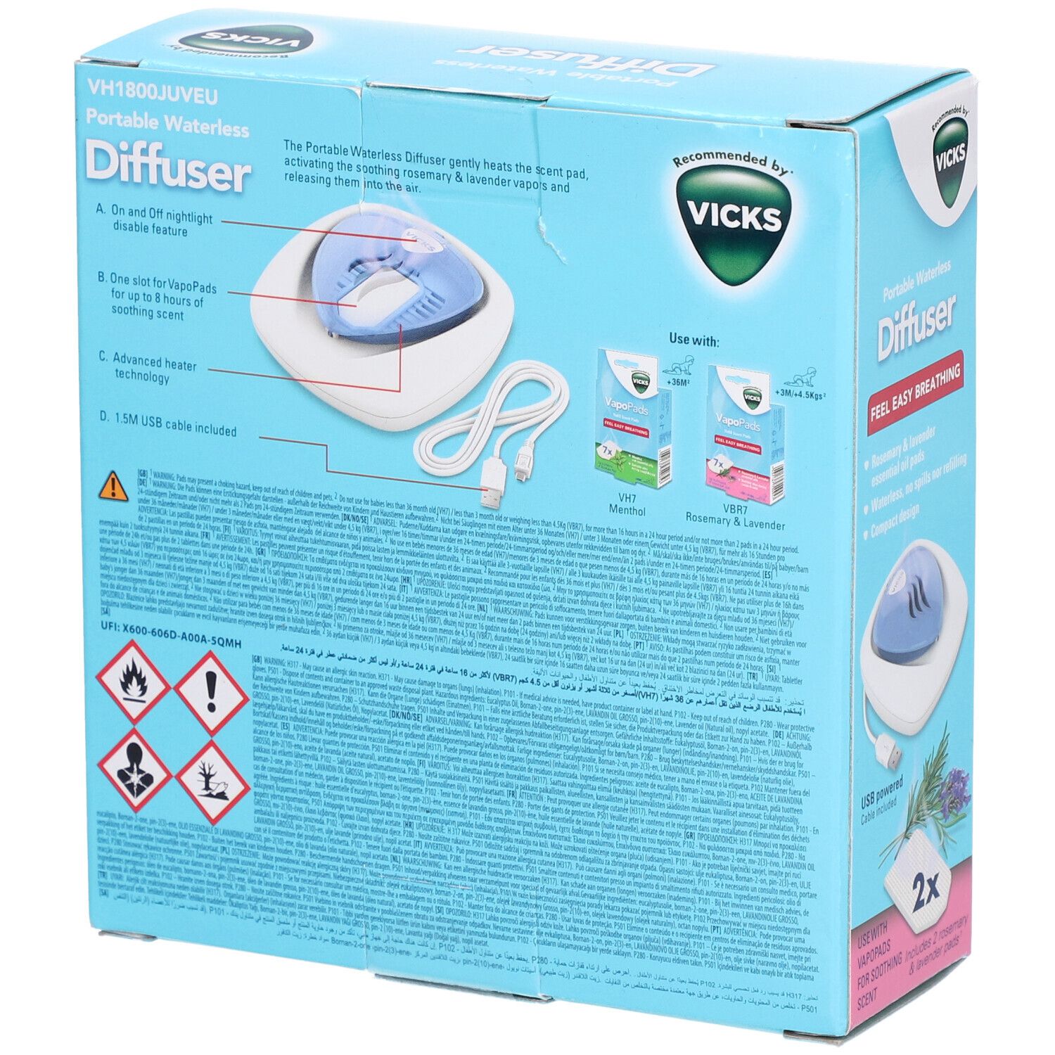 Rückseite der Verpackung des tragbaren wasserlosen Diffusors. Enthält Produktinformationen, Warnhinweise und Zubehör.