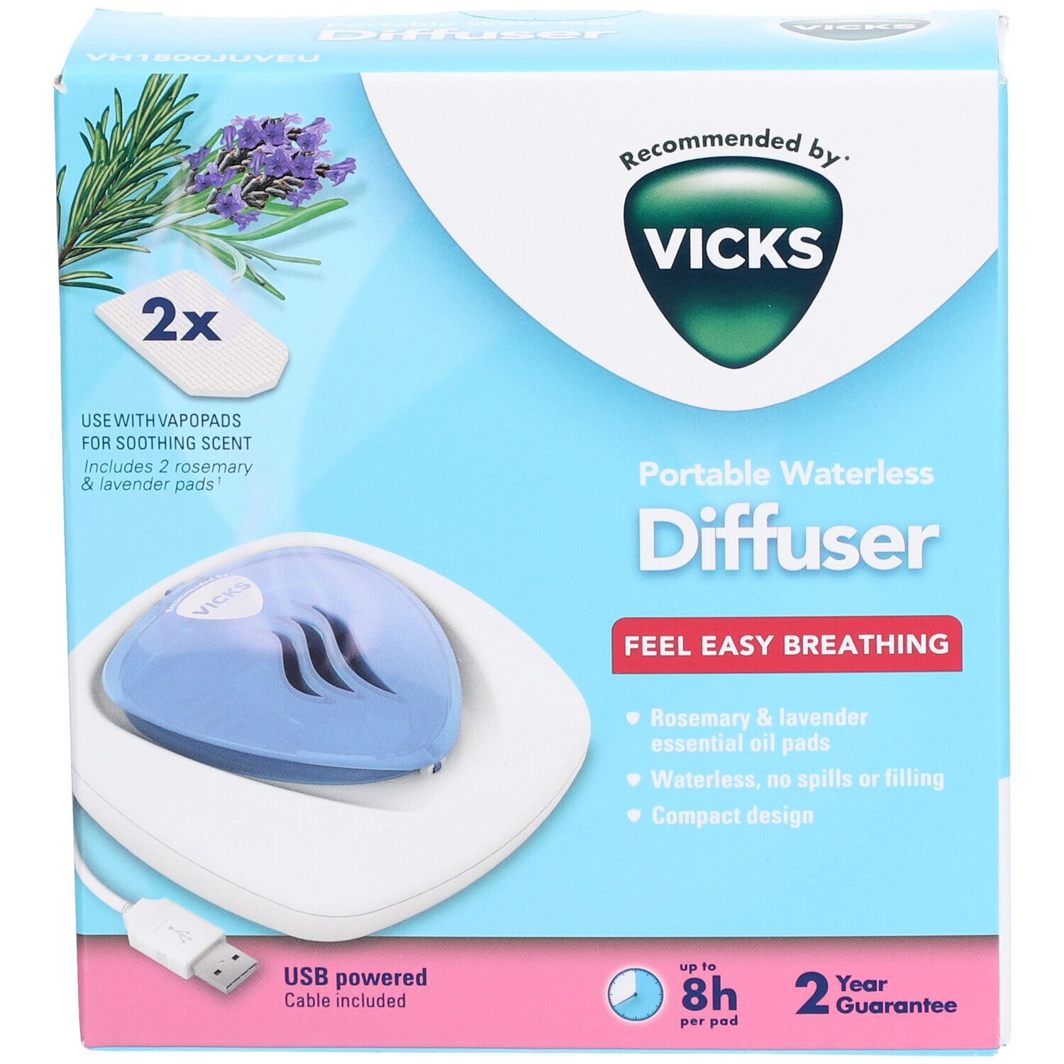 Verpackung des tragbaren wasserlosen Diffusors. Enthält Diffusor, USB-Kabel und 2 Menthol-Pads. Marke: Vicks.