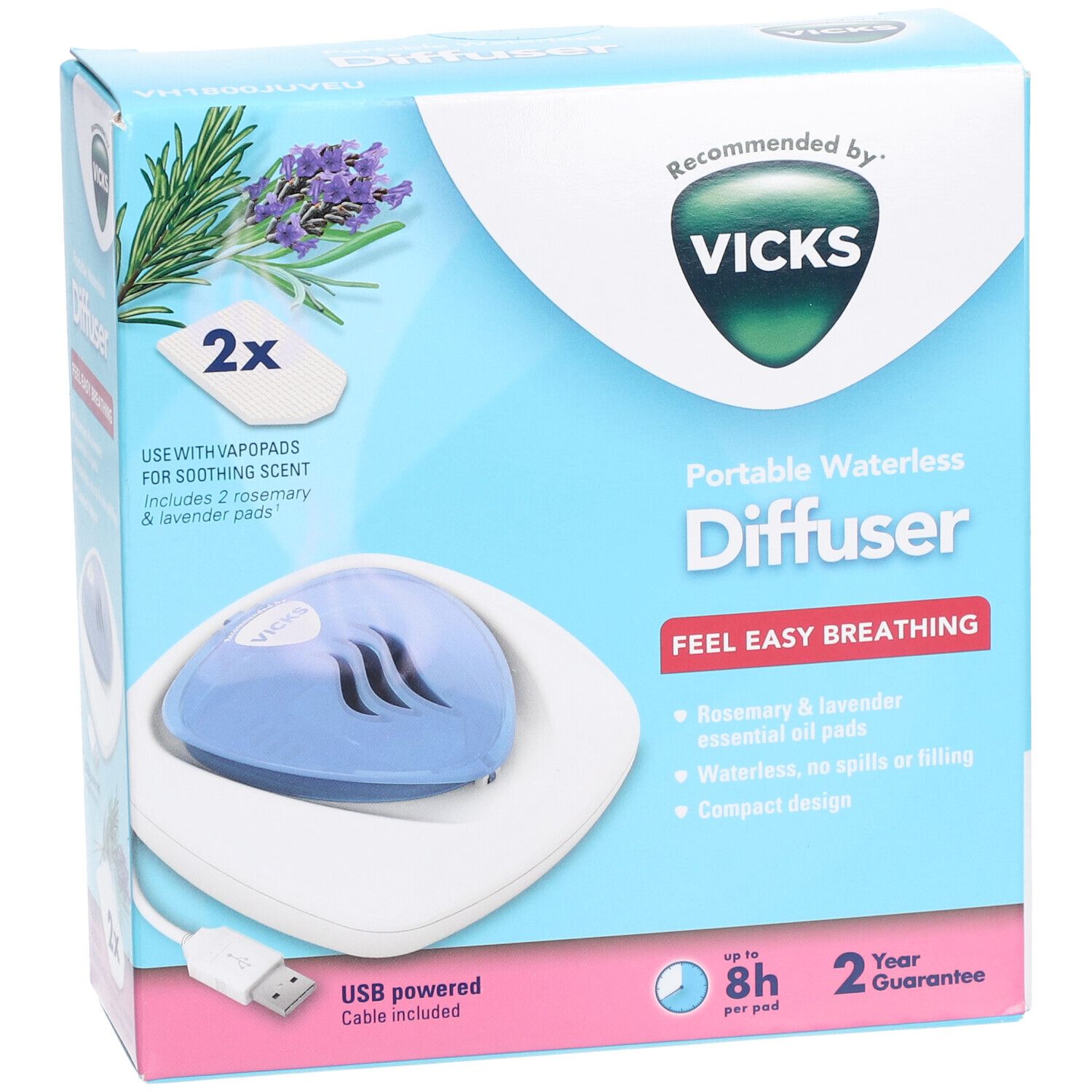 Verpackung des tragbaren wasserlosen Diffusors. Zeigt Diffusor, USB-Kabel und 2 Menthol-Pads. Marke: Vicks.