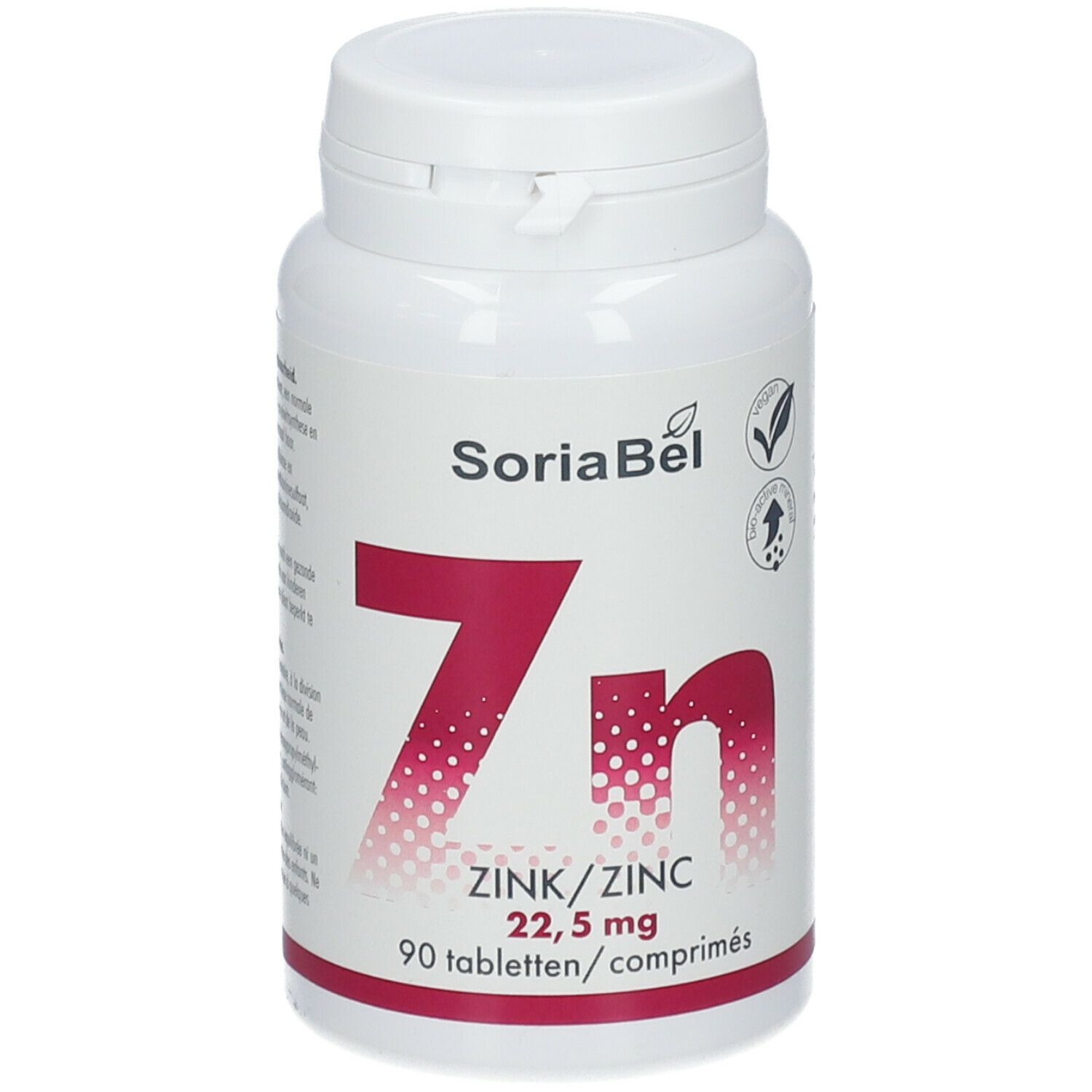 Witte fles met dop. Opschrift: SoriaBel, Zn, Zink 22,5 mg, 90 tabletten. Keurmerk en logo.