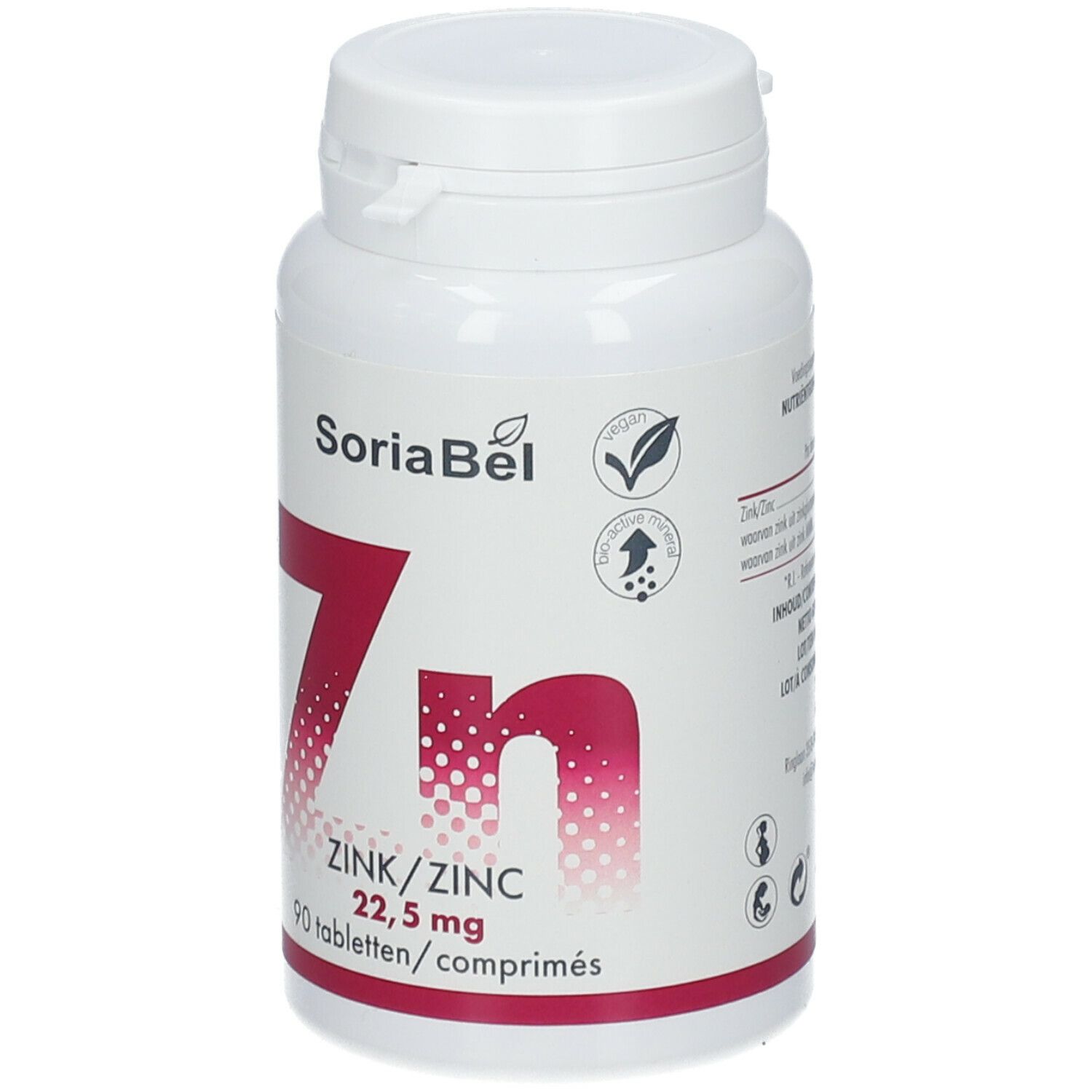 Witte fles met dop. Opschrift: SoriaBel, Zn, Zink 22,5 mg, 90 tabletten. Keurmerk en logo.
