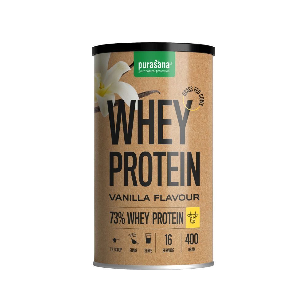 Boîte marron avec « WHEY PROTEIN ». Inscription « Vanilla Flavour » et « 73% Whey Protein ». 400g.