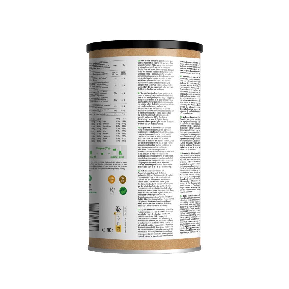 Dos du pot avec informations nutritionnelles et ingrédients. Texte en plusieurs langues.