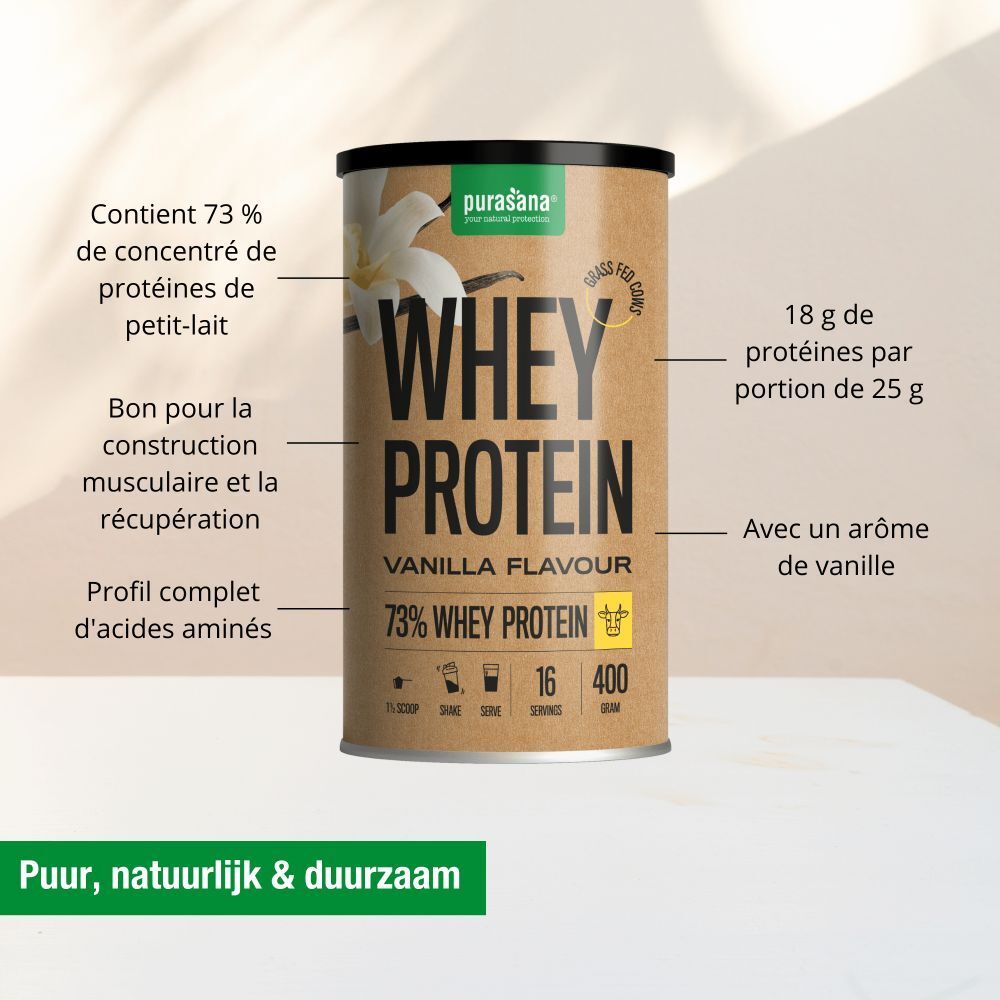 Boîte avec « WHEY PROTEIN ». Texte : « Vanilla Flavour » et « 73% Whey Protein ». 18g protéines/25g.