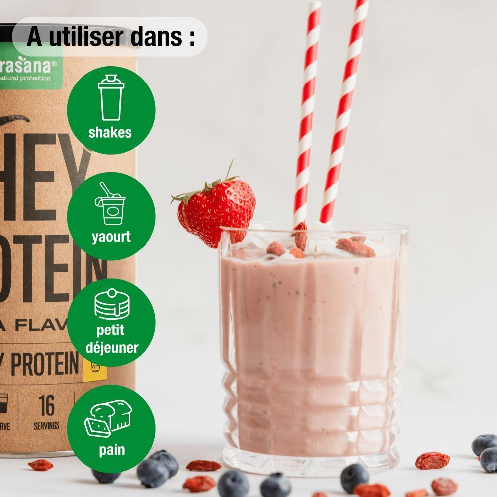 Verre avec shake, fraise et pailles. Icônes : shakes, yaourt, petit déjeuner, pain.