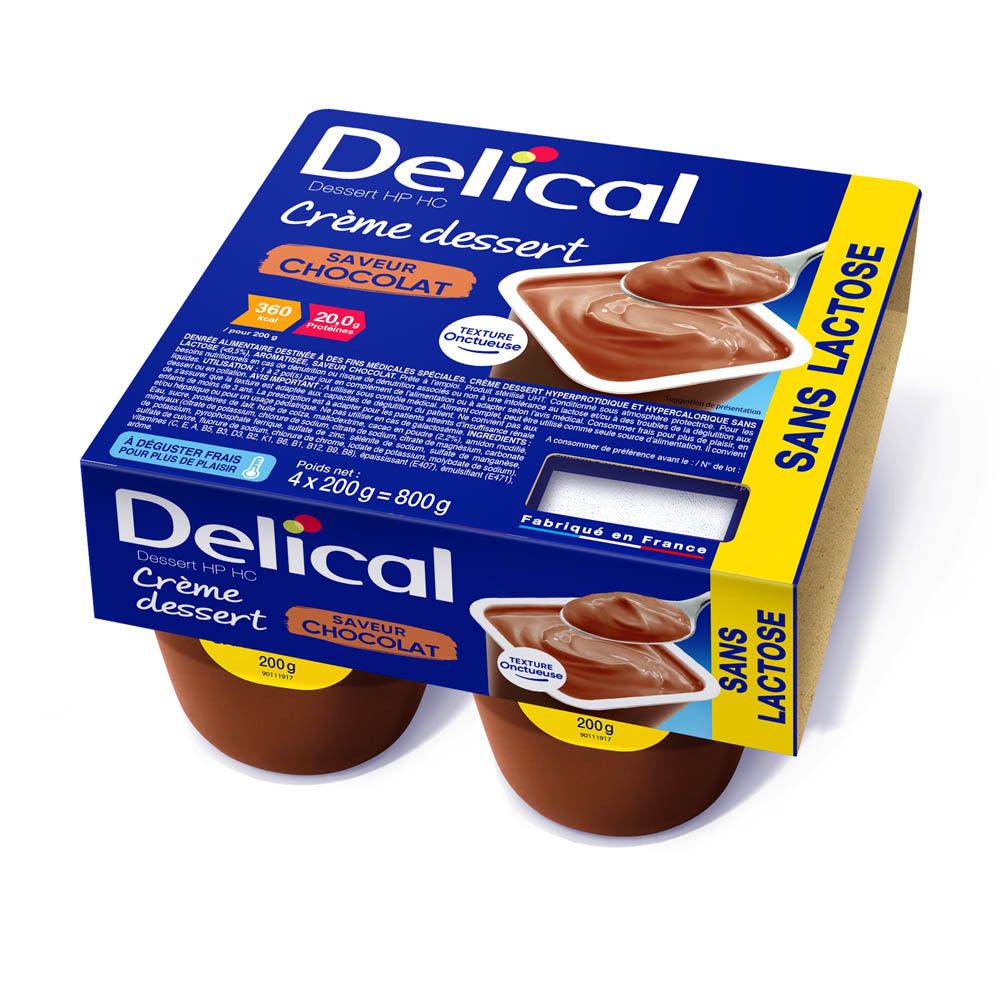 Pack de quatre crèmes dessert chocolat sans lactose Delical. Emballage cartonné.