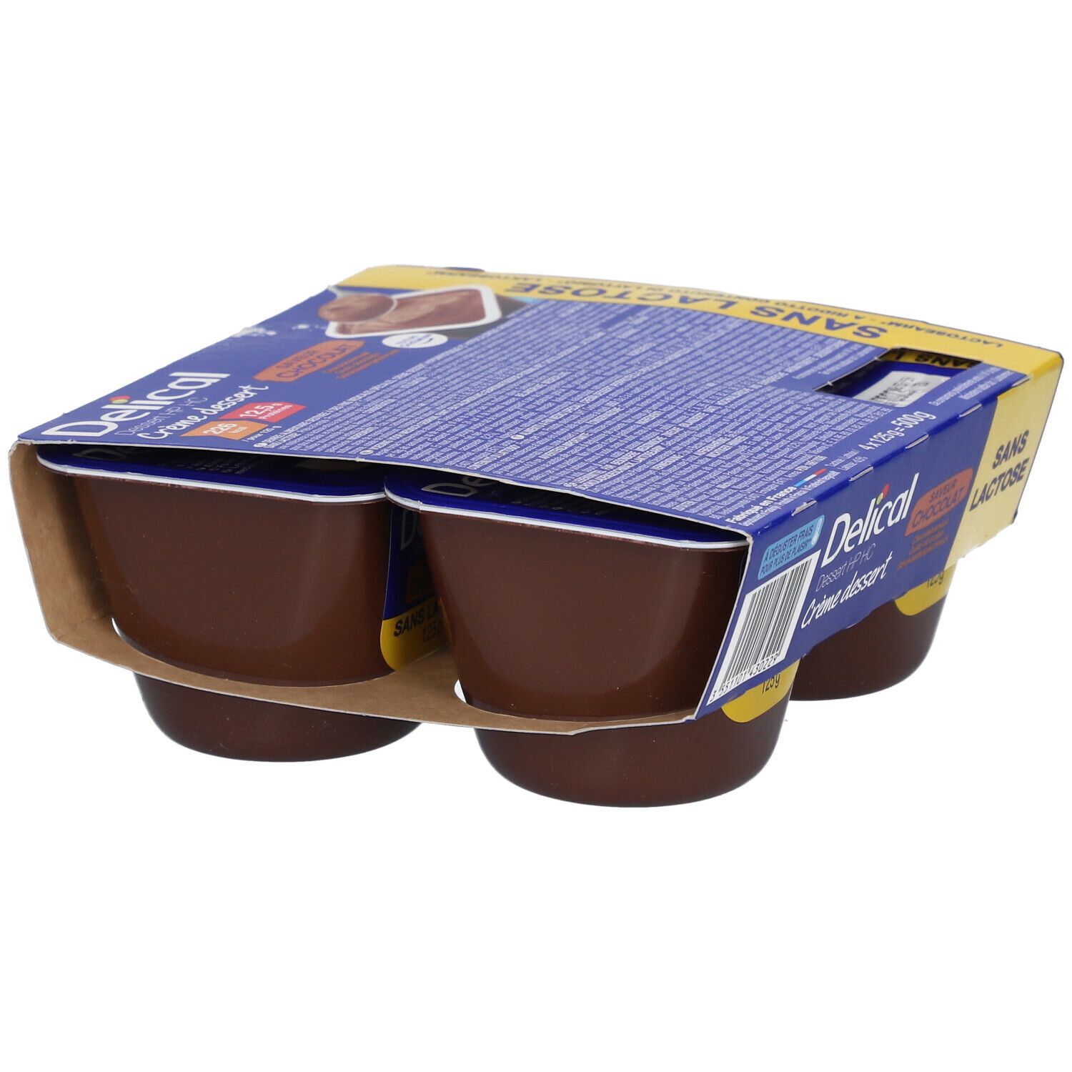 Pack de quatre crèmes dessert chocolat sans lactose Delical. Emballage cartonné.