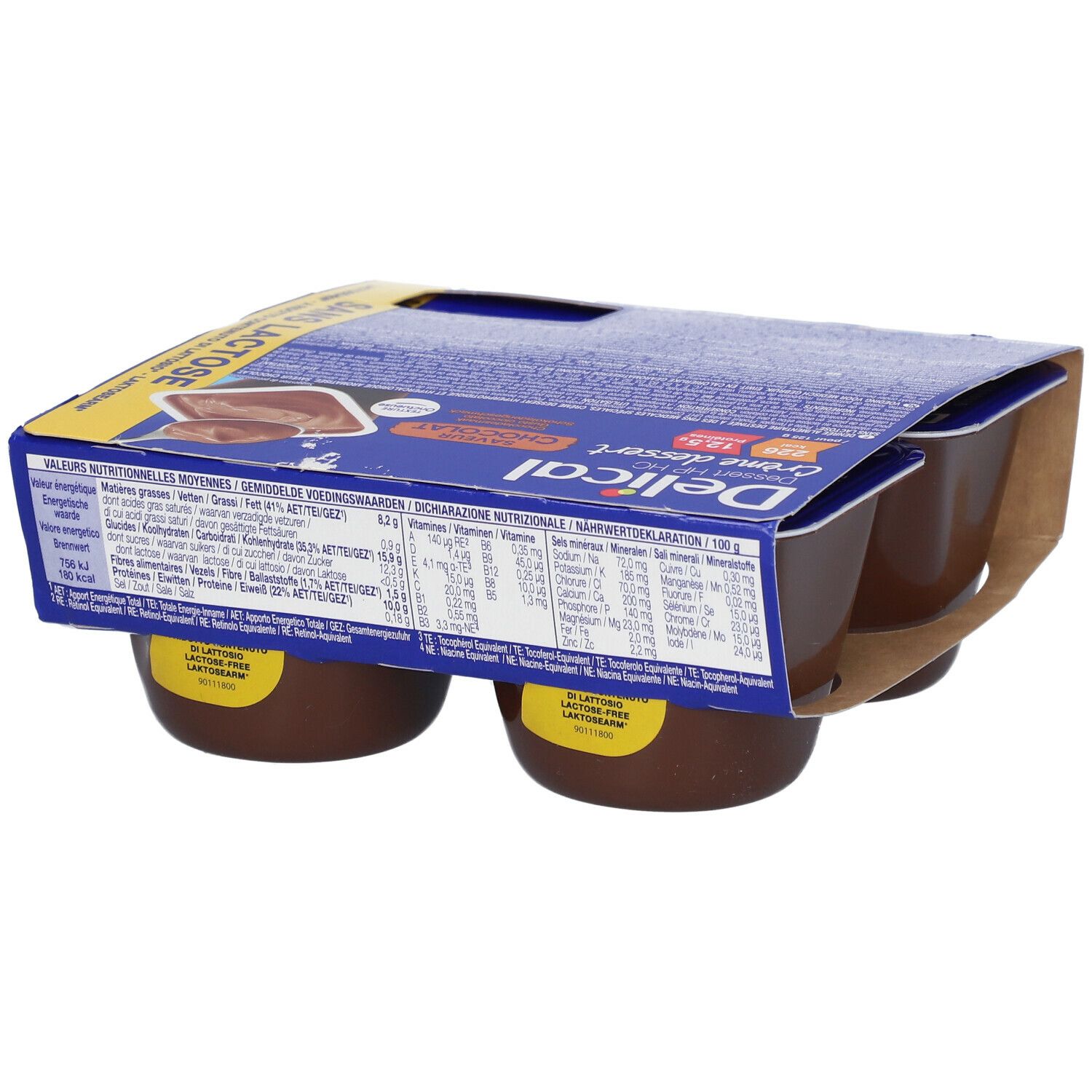 Pack de quatre crèmes dessert chocolat sans lactose Delical. Emballage cartonné.