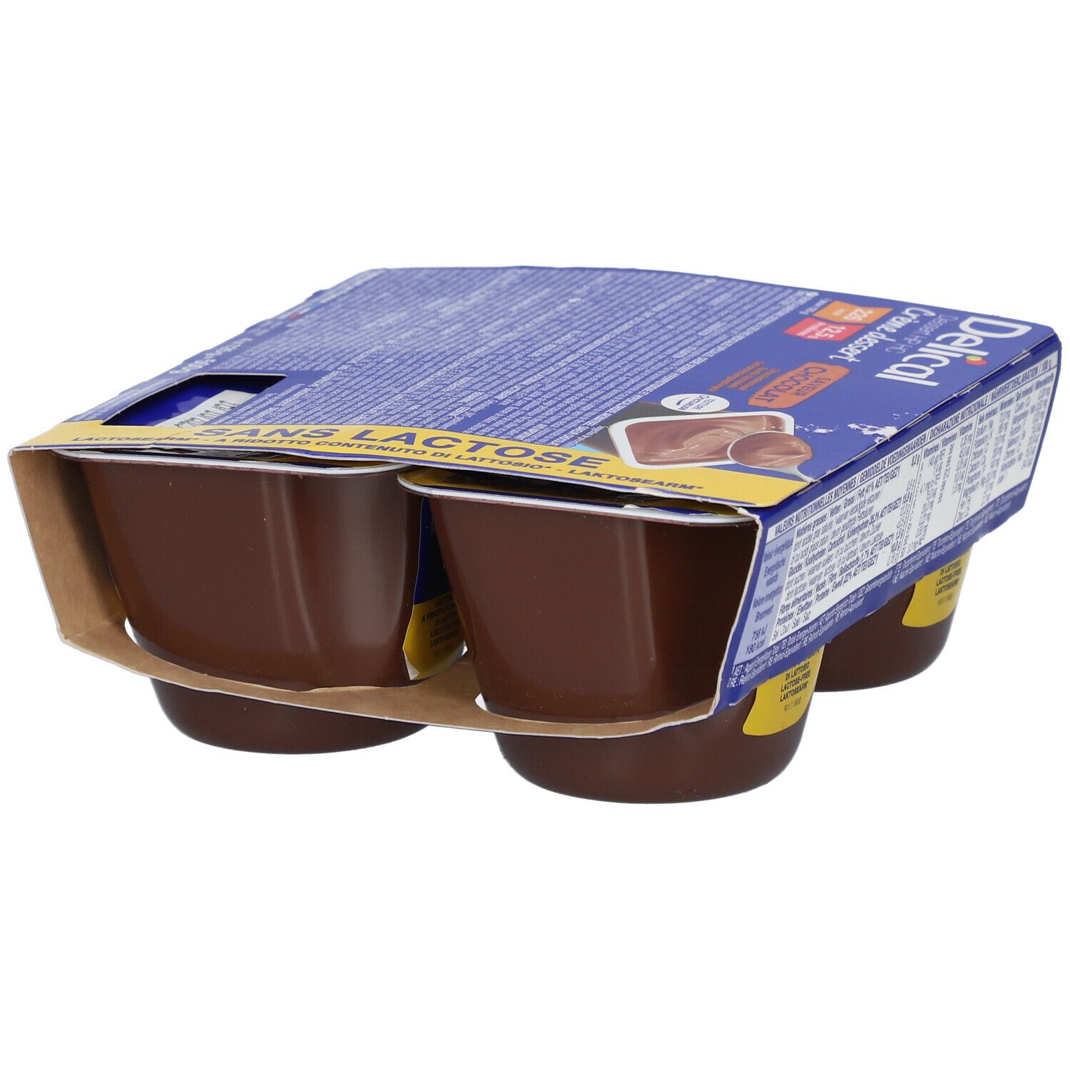 Pack de quatre crèmes dessert chocolat sans lactose Delical. Emballage cartonné.