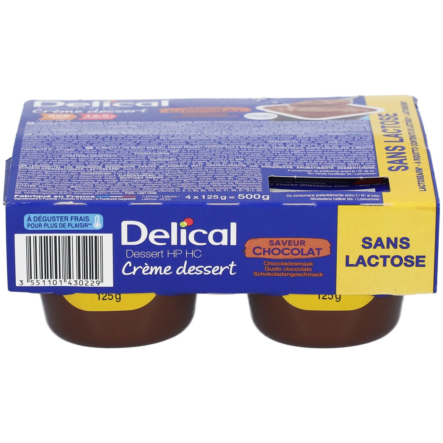 Pack de quatre crèmes dessert chocolat sans lactose Delical. Emballage cartonné.