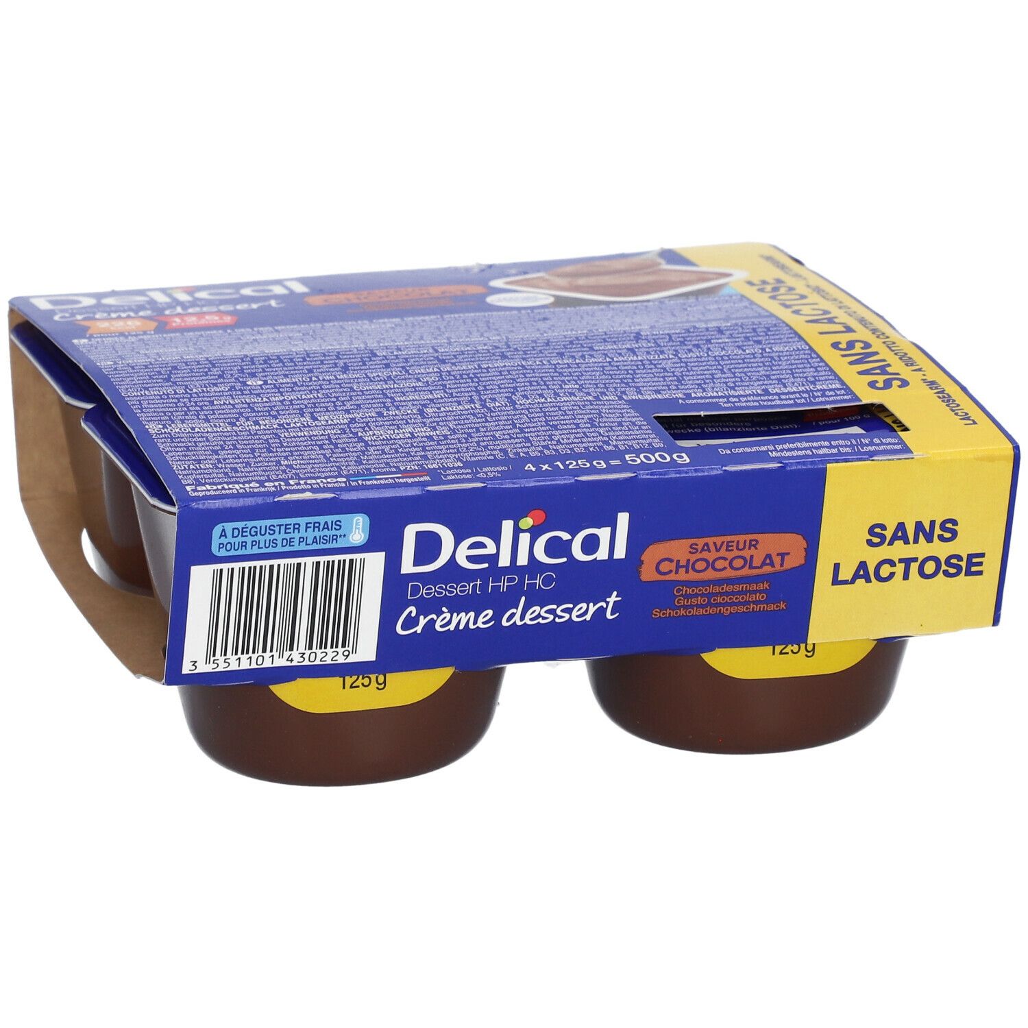 Pack de quatre crèmes dessert chocolat sans lactose Delical. Emballage cartonné.