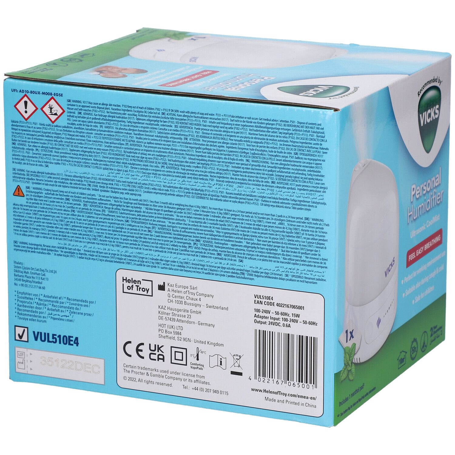 Dos de la boîte Vicks Personal Humidifier. Informations produit, VUL510E4, marquage CE, code-barres et adresse du fabricant.