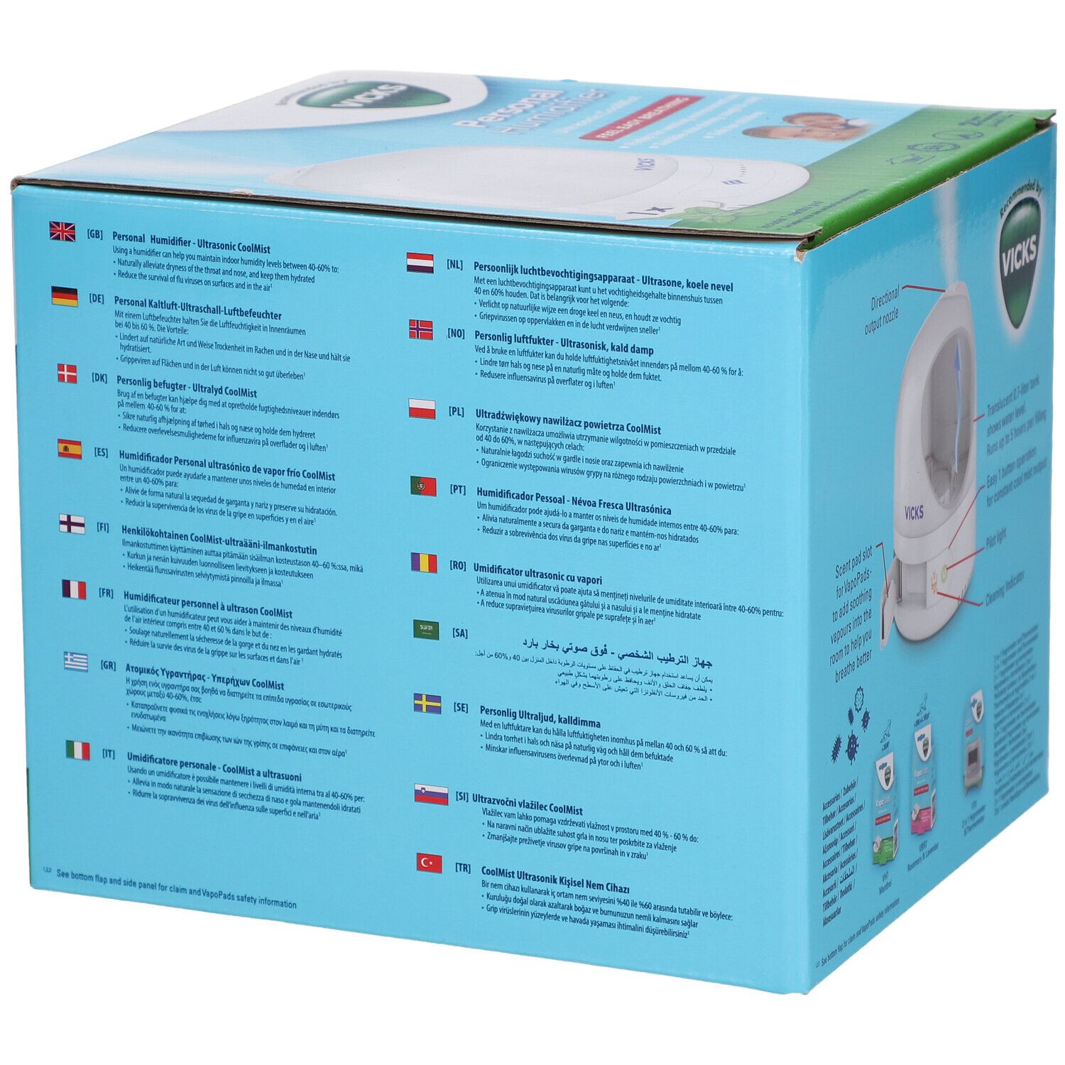 Côté de la boîte Vicks Personal Humidifier. Descriptions multilingues du produit et illustrations de l'appareil.