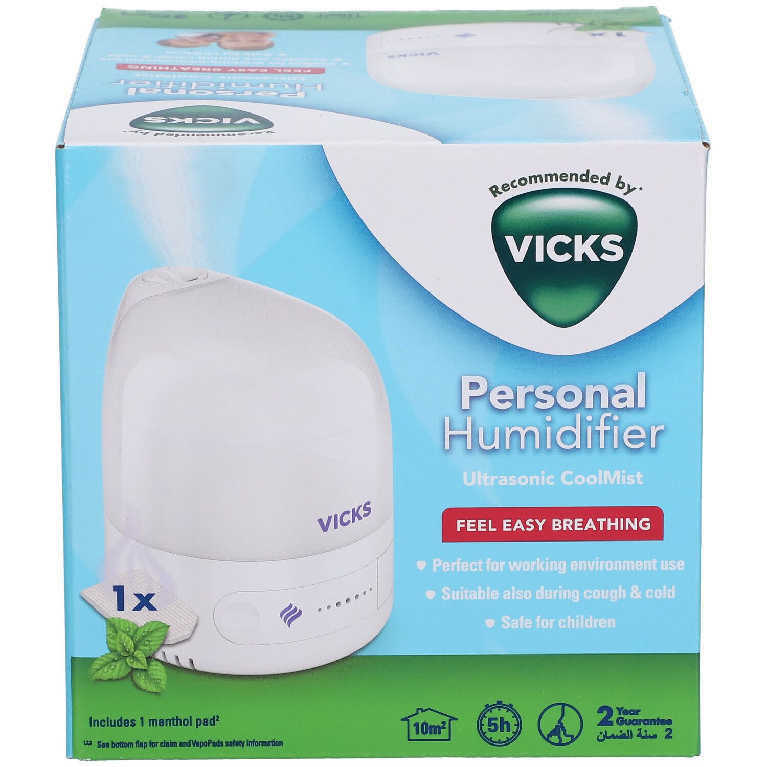 Boîte Vicks Personal Humidifier. Appareil blanc avec logo Vicks. Contient 1 tampon de menthol. Emballage bleu avec informations.