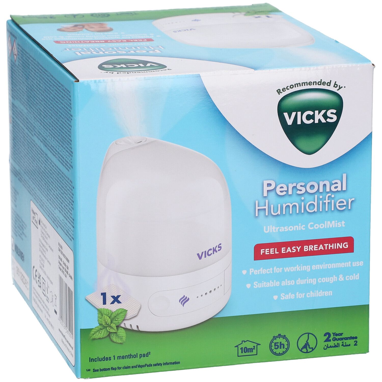 Boîte Vicks Personal Humidifier. Appareil blanc avec logo Vicks. Contient 1 tampon de menthol. Emballage bleu avec informations.