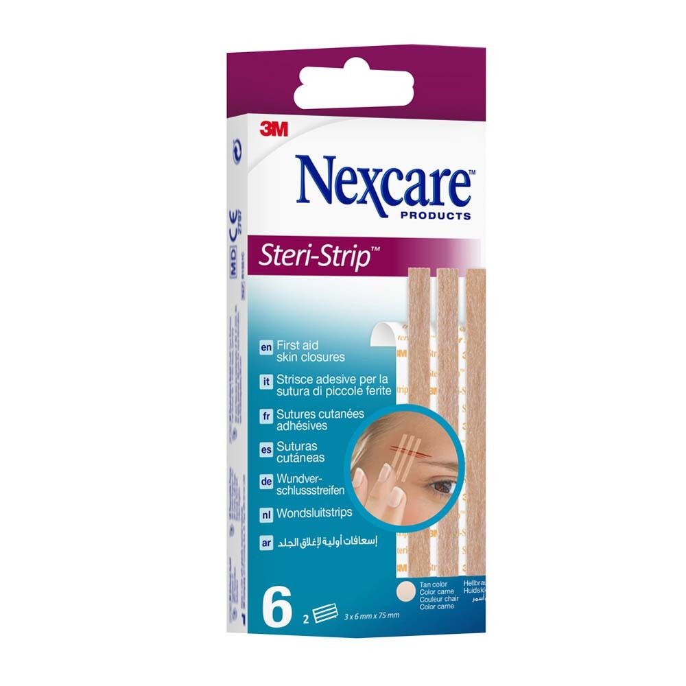 Verpackung mit Nexcare Steri-Strip Hautnahtmaterial. Enthält 6 Streifen. Größe: 6 mm x 75 mm. Hautfarben.