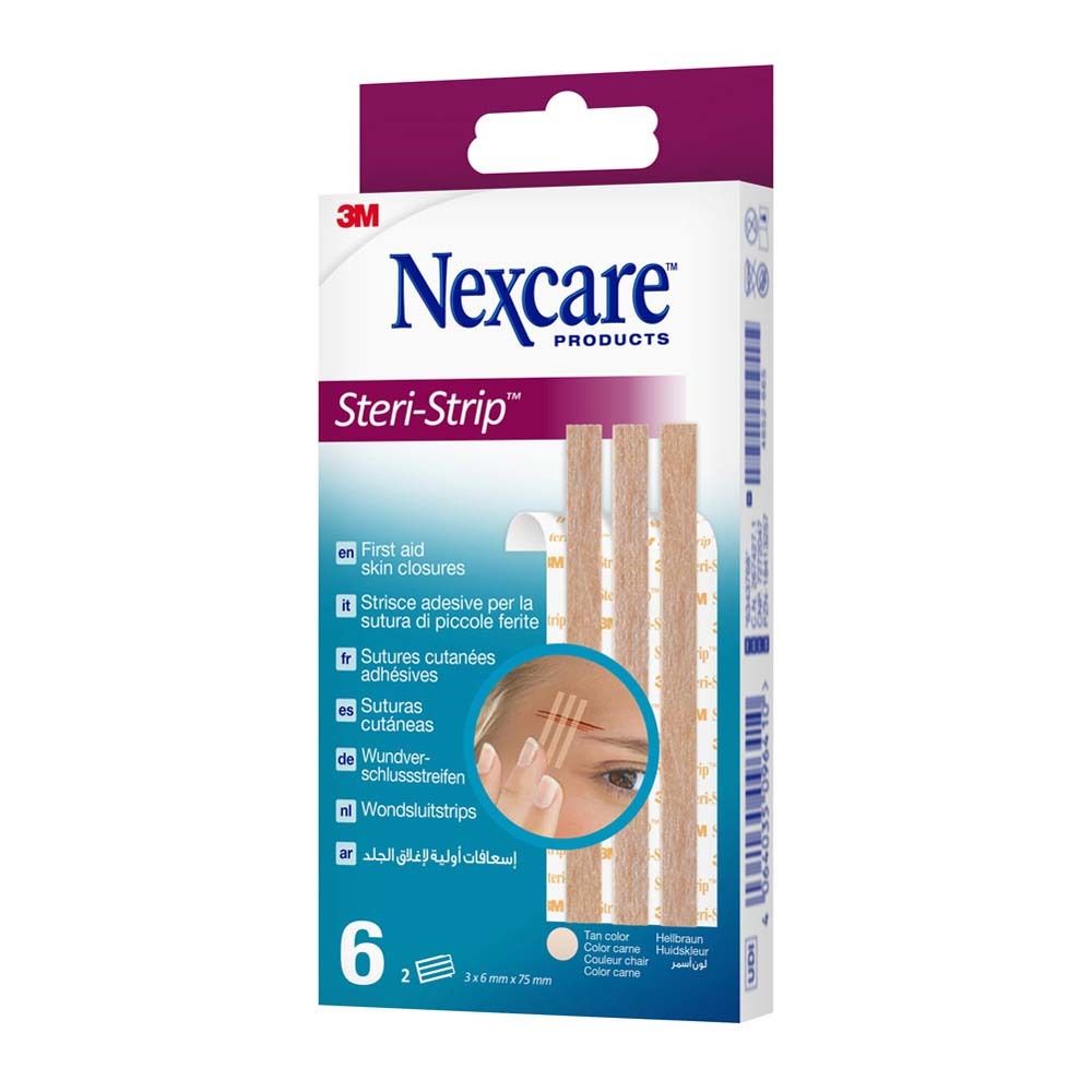 Verpackung mit Nexcare Steri-Strip Hautnahtmaterial. Enthält 6 Streifen. Größe: 6 mm x 75 mm. Hautfarben.