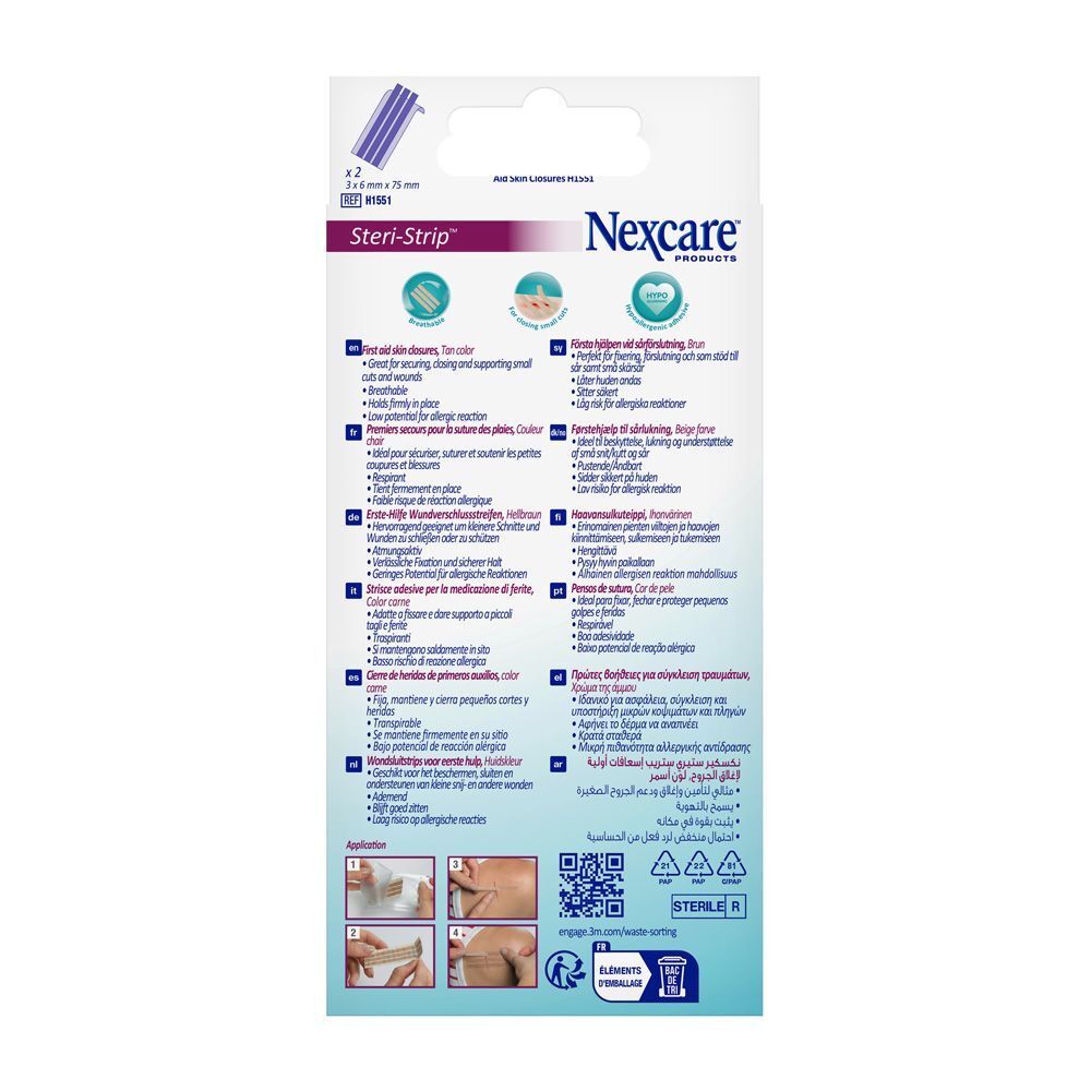 Nexcare Steri-Strip. 6 sutures cutanées. Bandes couleur peau. 6 mm x 75 mm. Boîte.