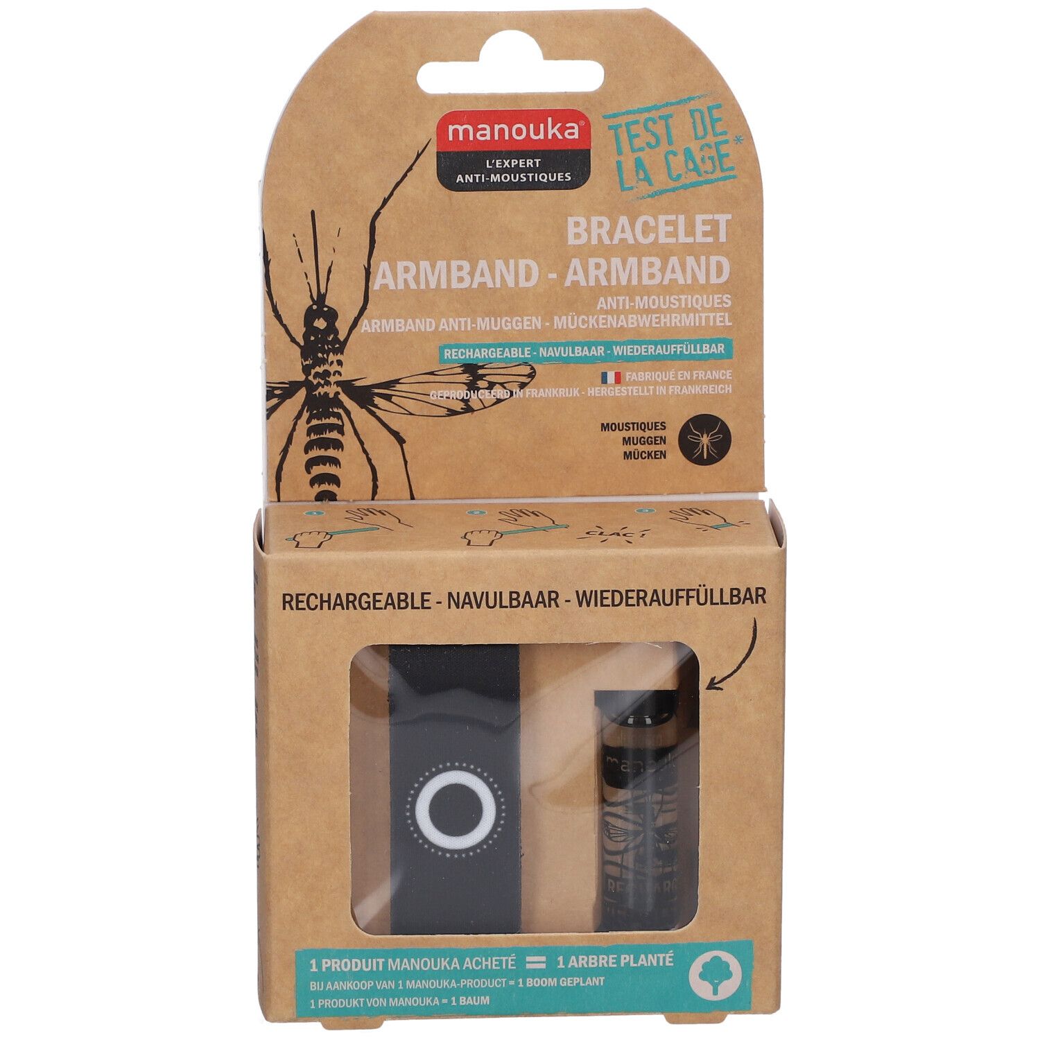 Emballage avec bracelet et flacon. Texte: Manouka, bracelet anti-moustiques, rechargeable. Bracelet noir visible.