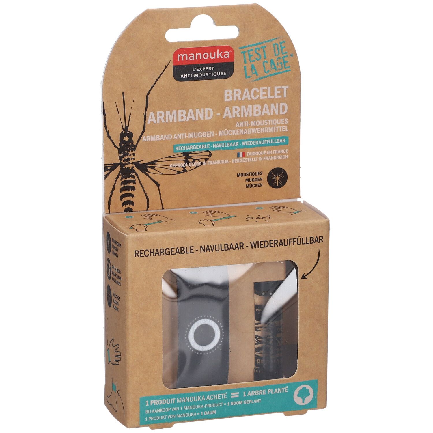 Emballage avec bracelet et flacon. Texte: Manouka, bracelet anti-moustiques, rechargeable. Bracelet noir visible.