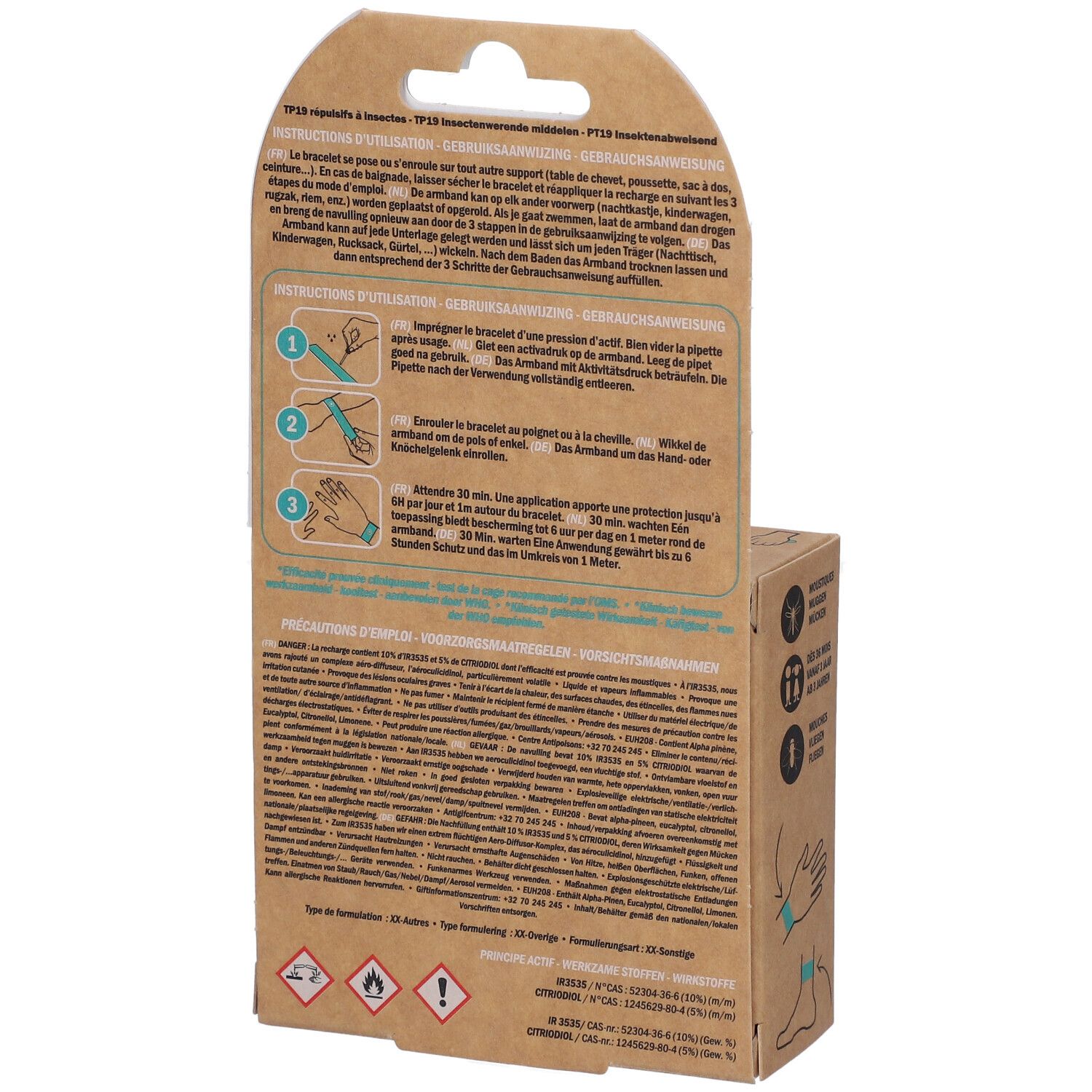 Dos de l'emballage du bracelet Manouka. Contient instructions d'utilisation et précautions. Texte en plusieurs langues.