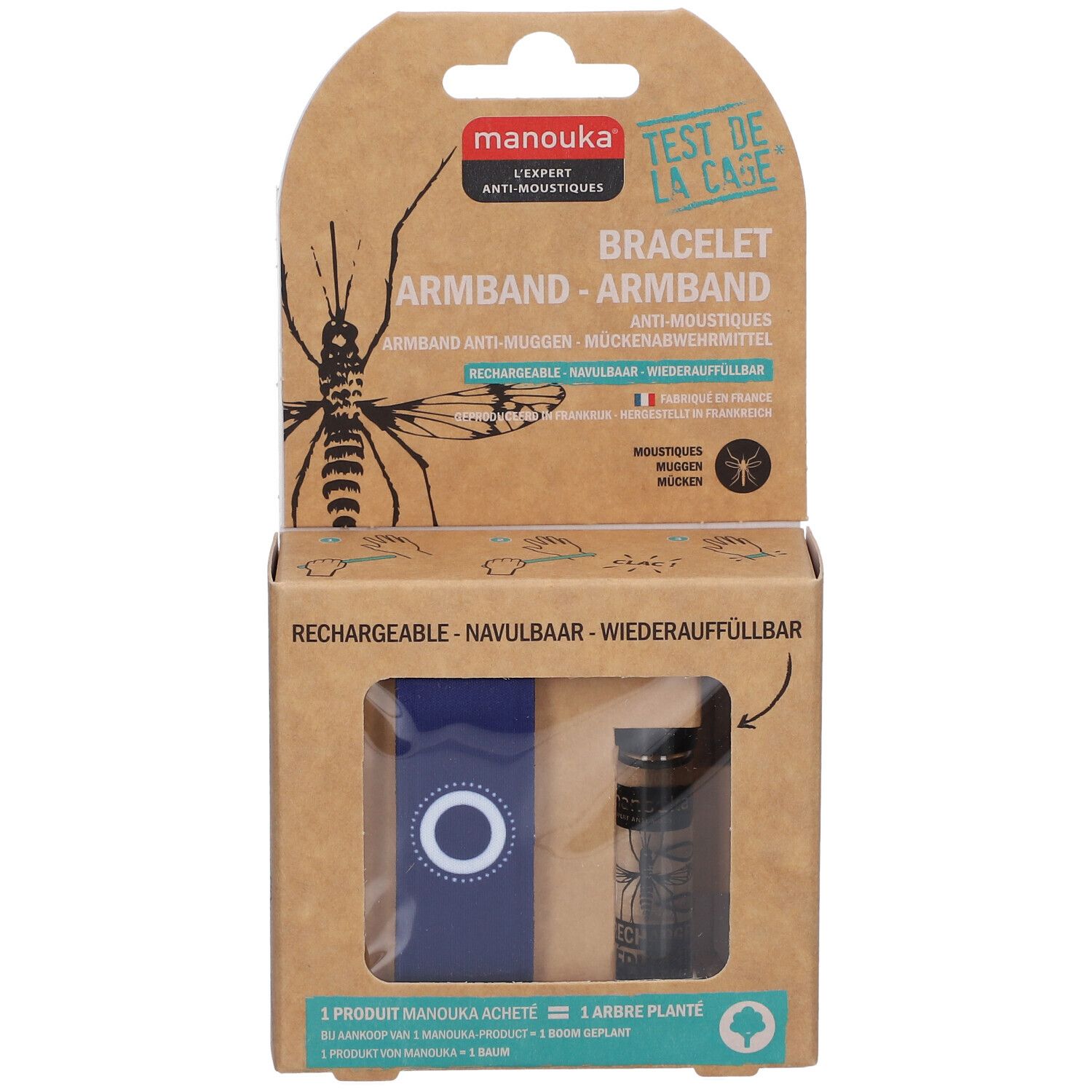 Emballage du bracelet anti-moustiques Manouka. Contient bracelet, flacon recharge. Texte : « Bracelet », « Armband ». Nom du produit visible.