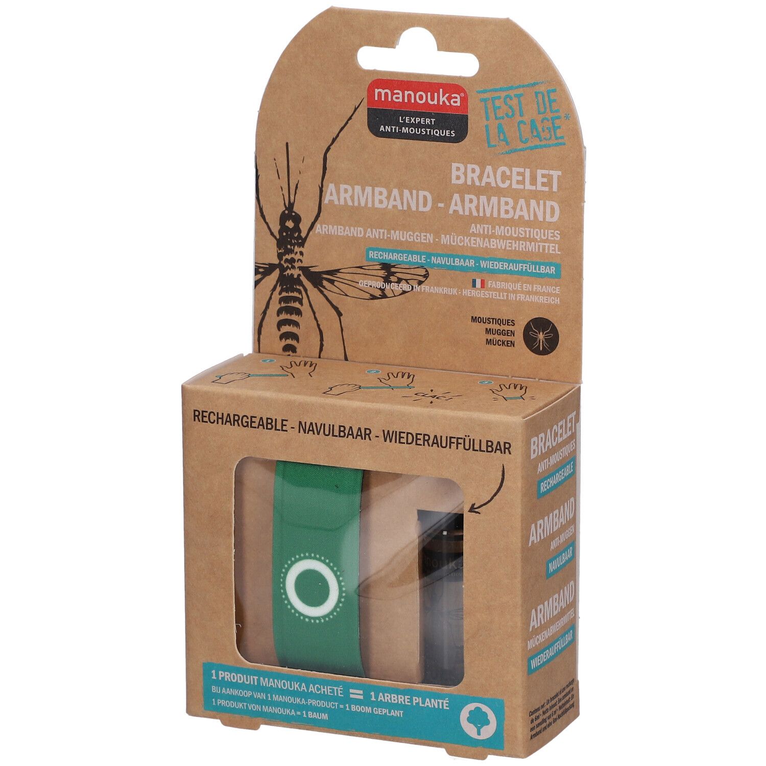 Bracelet anti-moustiques Manouka vert. Emballage avec bracelet et recharge. Texte: 'Rechargeable'.