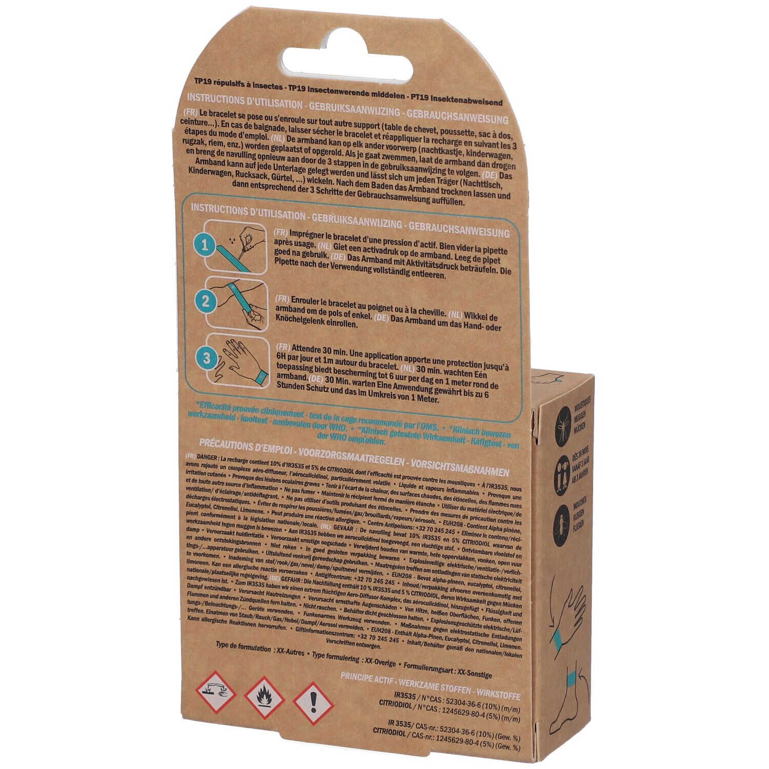 Dos de l'emballage du bracelet Manouka. Instructions d'utilisation. Pictogrammes et texte multilingue.
