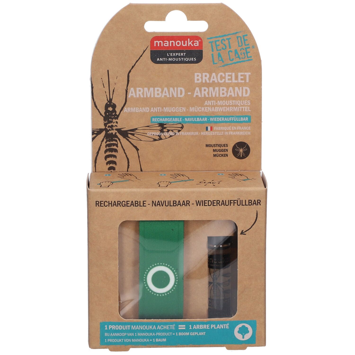 Emballage vert du bracelet anti-moustiques Manouka. Bracelet et recharge visibles. Texte: 'Rechargeable'.