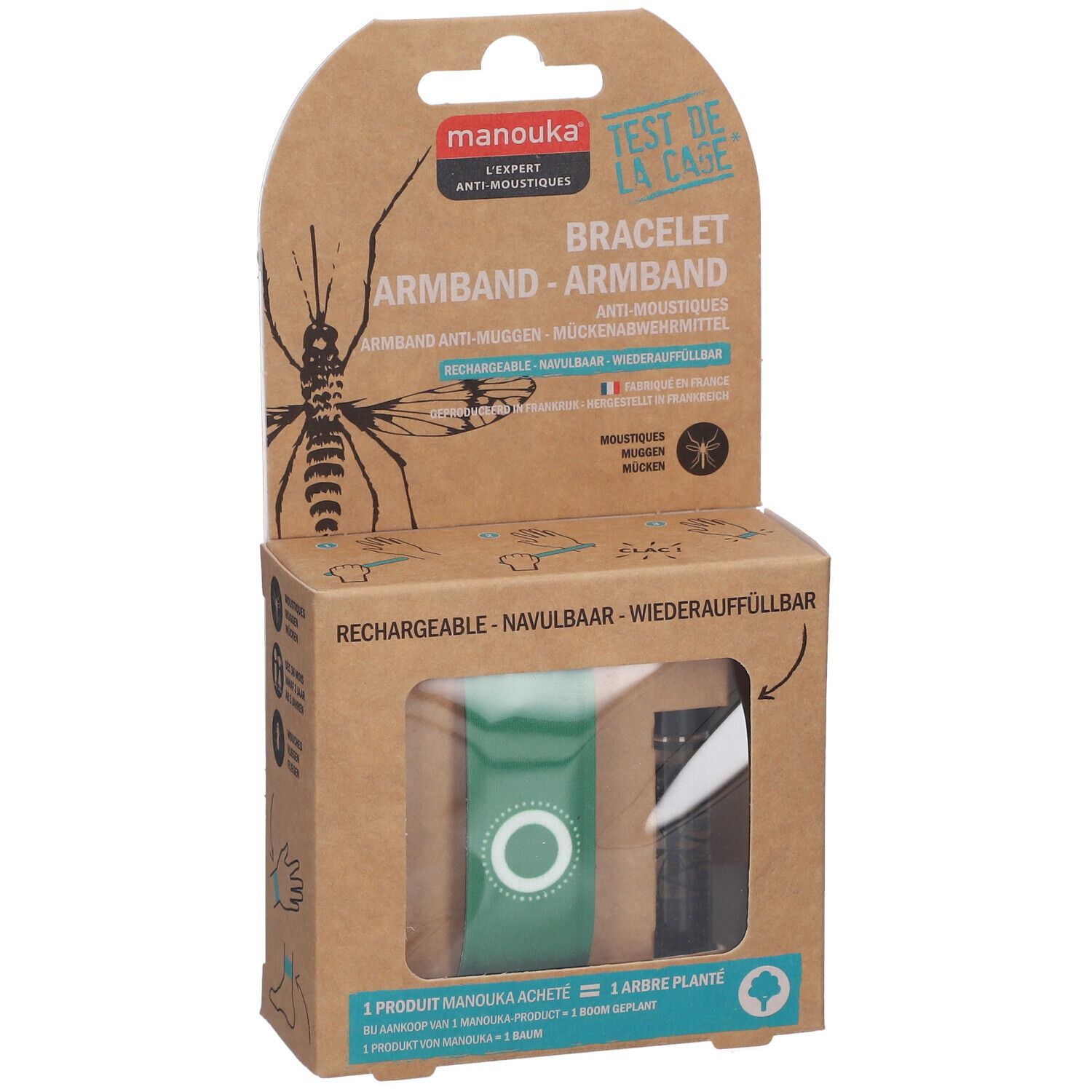 Emballage vert du bracelet anti-moustiques Manouka. Bracelet et recharge visibles. Texte: 'Rechargeable'.