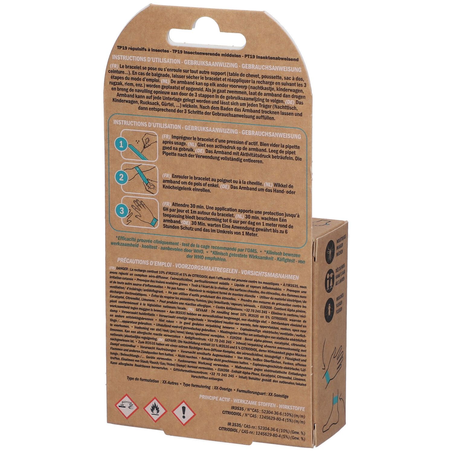 Dos de l'emballage du bracelet. Texte multilingue. Marron. Instructions et précautions.