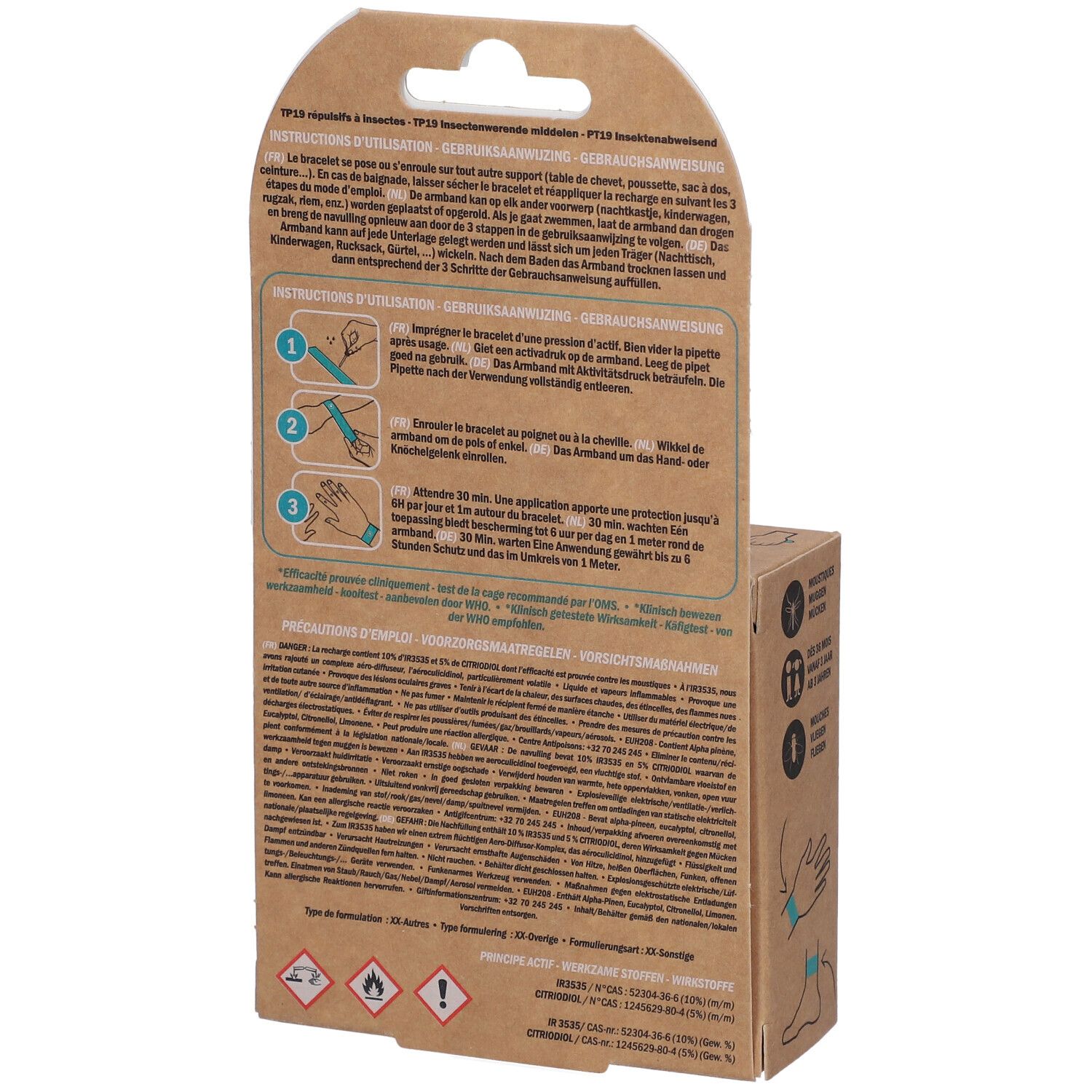 Dos de l'emballage du bracelet. Texte multilingue. Instructions d'utilisation et précautions.