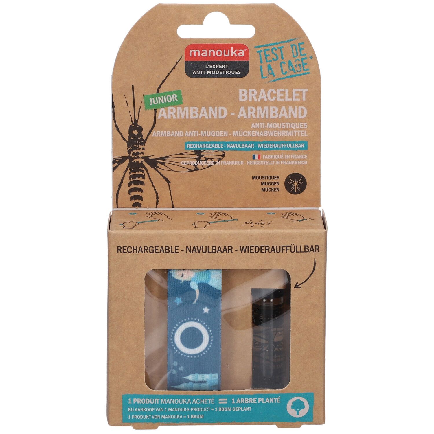 Emballage de bracelet. Contient un bracelet bleu avec des étoiles et un cercle blanc. Emballage en carton brun avec informations.